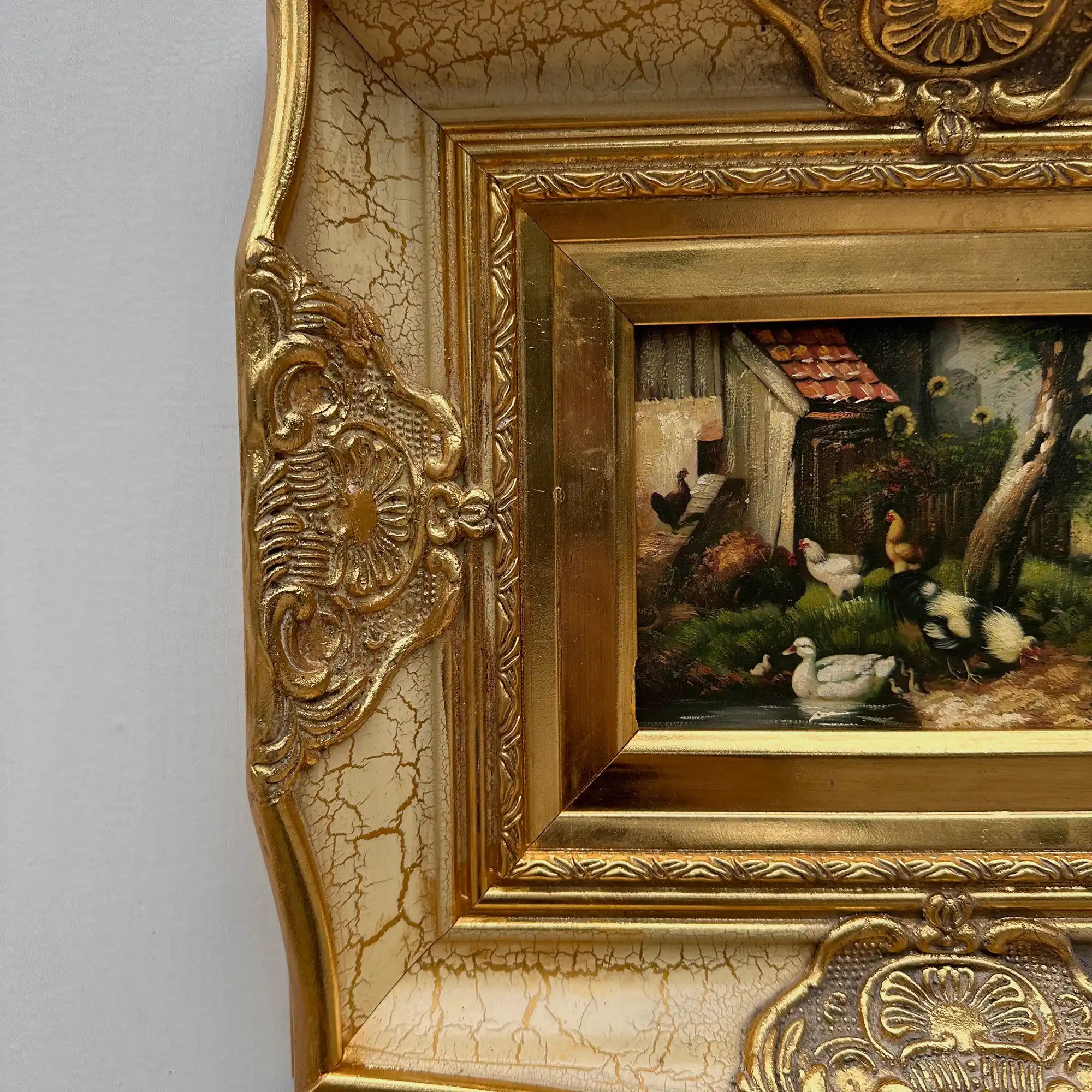Original Vintage European Rural Poultry Oil Painting from the 1950s, Ornate Baroque Gilded Crackle Finish Frame Included - Vintage Oil Painting - Arden Gallery