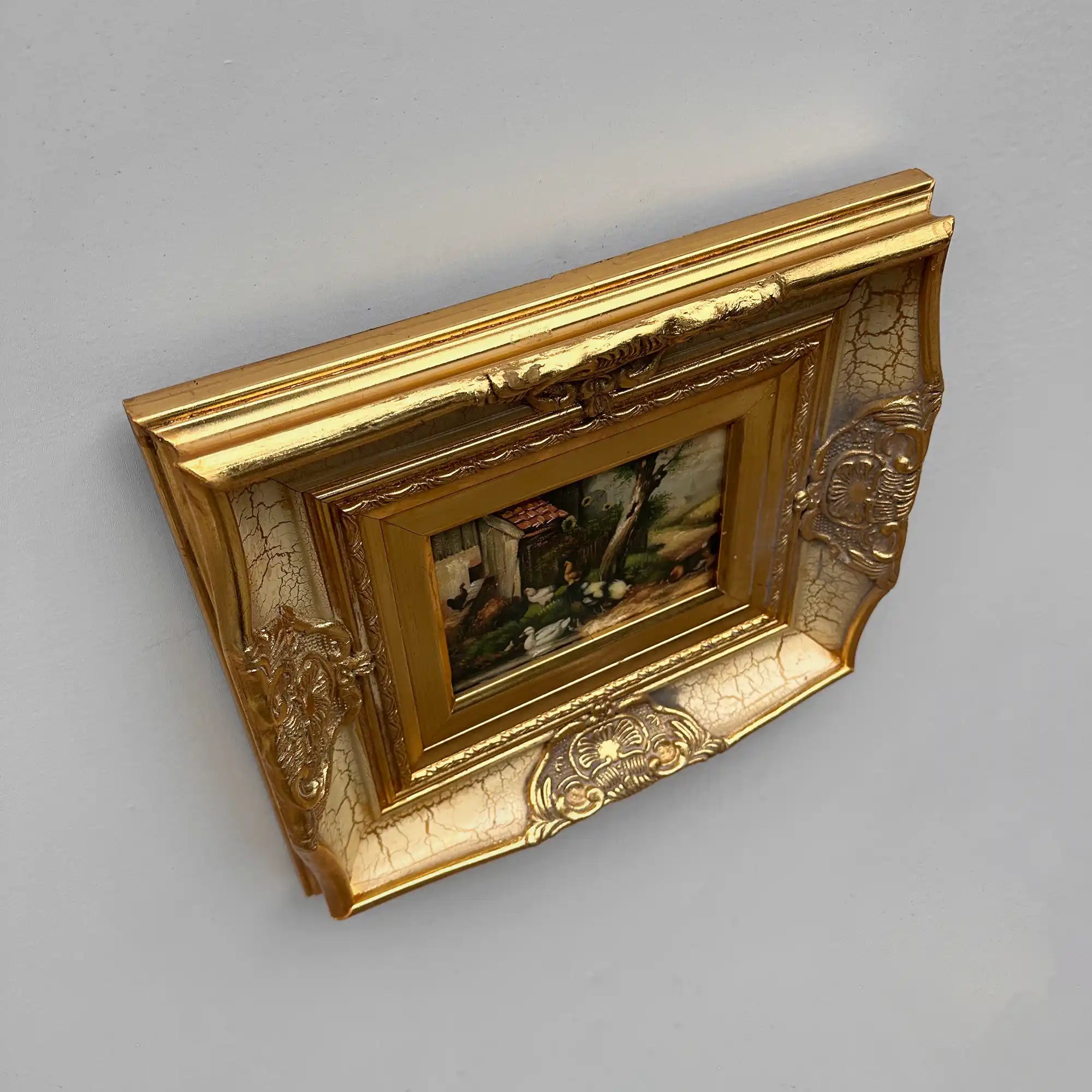 Original Vintage European Rural Poultry Oil Painting from the 1950s, Ornate Baroque Gilded Crackle Finish Frame Included - Vintage Oil Painting - Arden Gallery