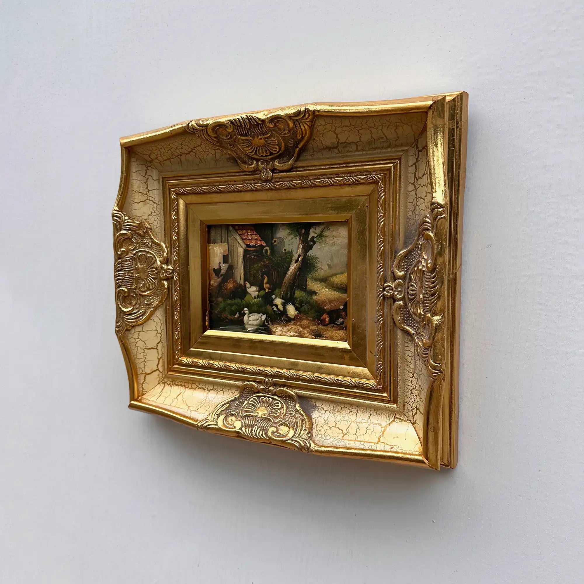 Original Vintage European Rural Poultry Oil Painting from the 1950s, Ornate Baroque Gilded Crackle Finish Frame Included - Vintage Oil Painting - Arden Gallery