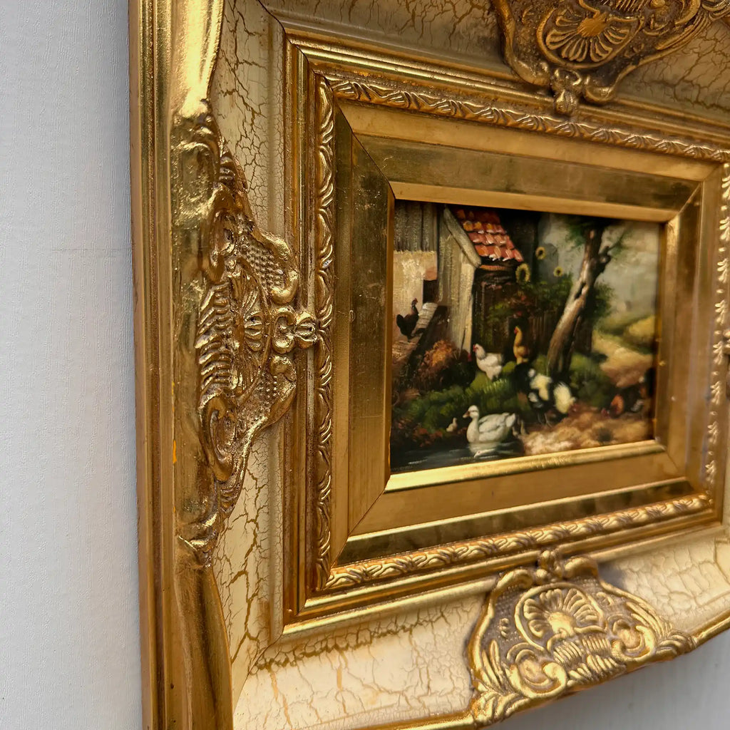 Original Vintage European Rural Poultry Oil Painting from the 1950s, Ornate Baroque Gilded Crackle Finish Frame Included - Vintage Oil Painting - Arden Gallery