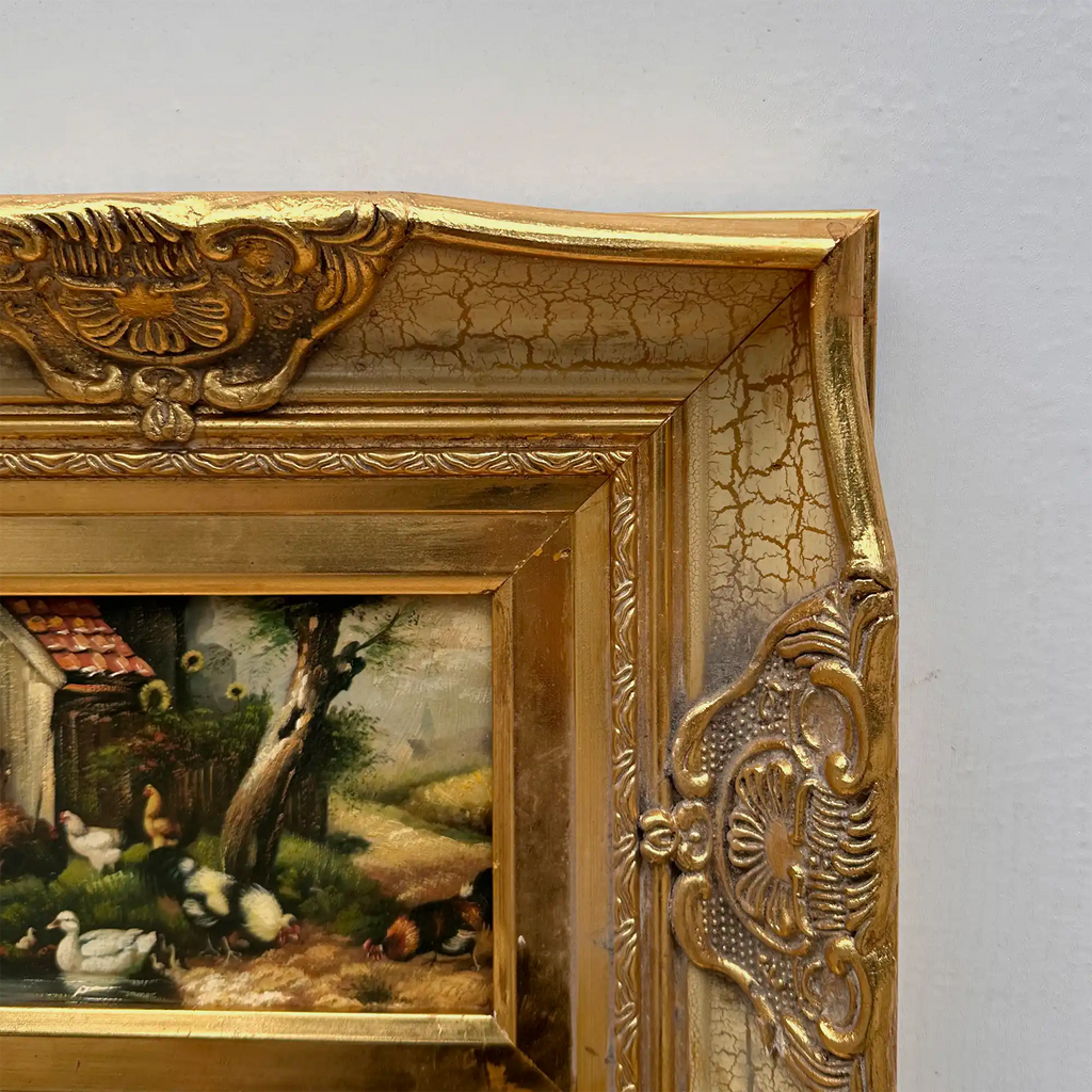 Original Vintage European Rural Poultry Oil Painting from the 1950s, Ornate Baroque Gilded Crackle Finish Frame Included - Vintage Oil Painting - Arden Gallery