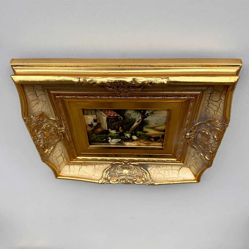Original Vintage European Rural Poultry Oil Painting from the 1950s, Ornate Baroque Gilded Crackle Finish Frame Included - Vintage Oil Painting - Arden Gallery