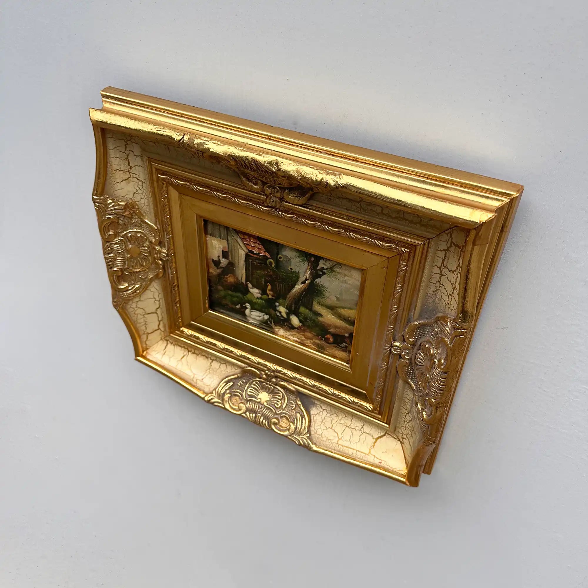 Original Vintage European Rural Poultry Oil Painting from the 1950s, Ornate Baroque Gilded Crackle Finish Frame Included - Vintage Oil Painting - Arden Gallery