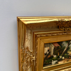 Original Vintage European Rural Poultry Oil Painting from the 1950s, Ornate Baroque Gilded Crackle Finish Frame Included - Vintage Oil Painting - Arden Gallery