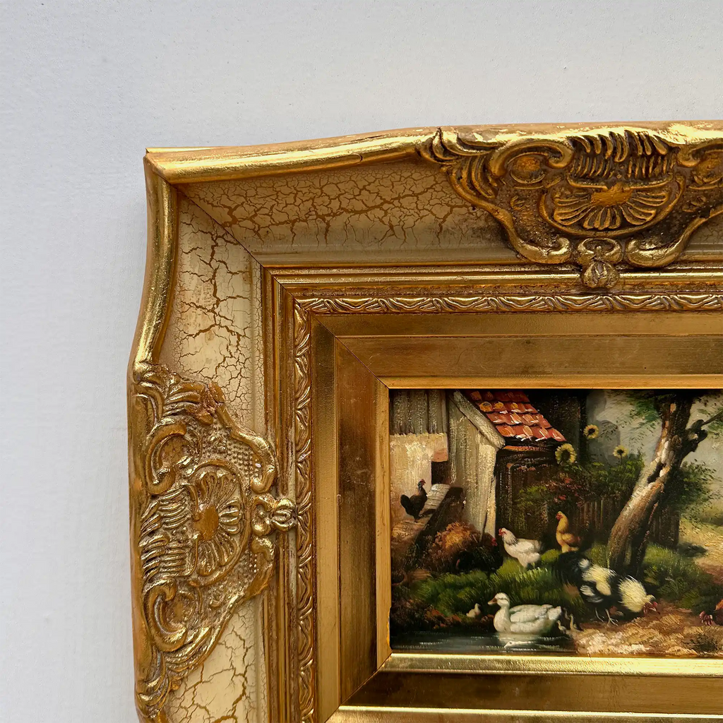 Original Vintage European Rural Poultry Oil Painting from the 1950s, Ornate Baroque Gilded Crackle Finish Frame Included - Vintage Oil Painting - Arden Gallery