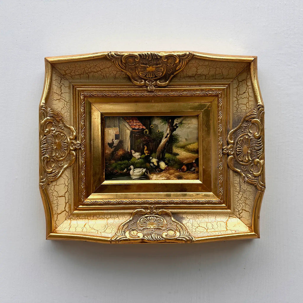Original Vintage European Rural Poultry Oil Painting from the 1950s, Ornate Baroque Gilded Crackle Finish Frame Included - Vintage Oil Painting - Arden Gallery
