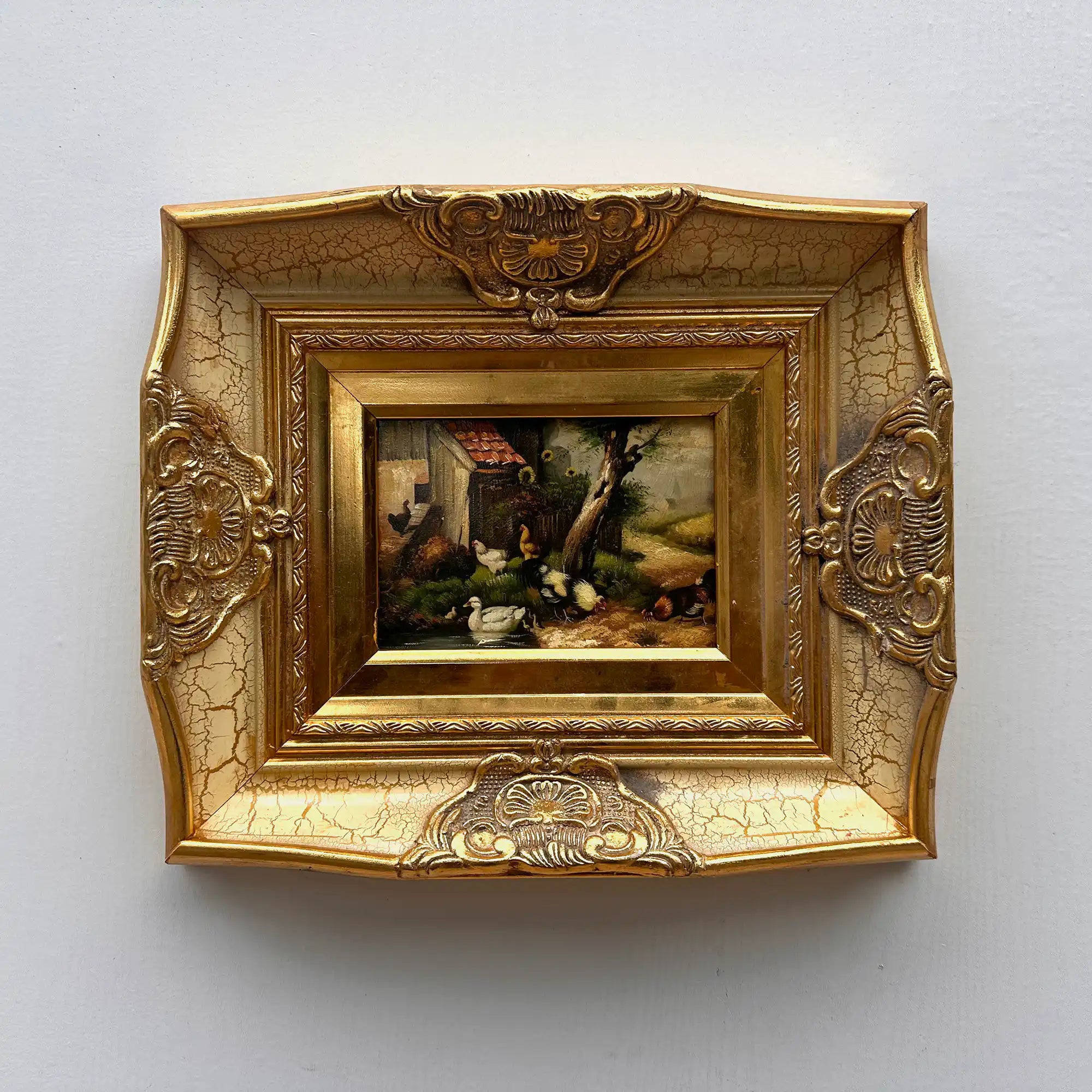 Original Vintage European Rural Poultry Oil Painting from the 1950s, Ornate Baroque Gilded Crackle Finish Frame Included - Vintage Oil Painting - Arden Gallery