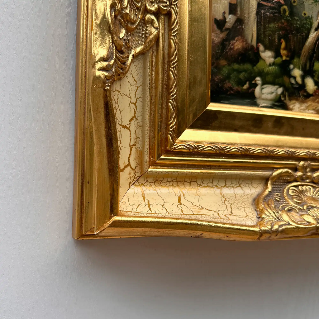 Original Vintage European Rural Poultry Oil Painting from the 1950s, Ornate Baroque Gilded Crackle Finish Frame Included - Vintage Oil Painting - Arden Gallery