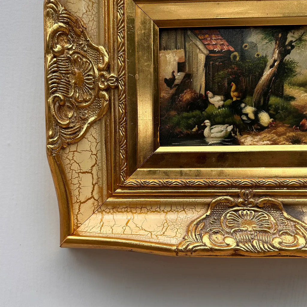 Original Vintage European Rural Poultry Oil Painting from the 1950s, Ornate Baroque Gilded Crackle Finish Frame Included - Vintage Oil Painting - Arden Gallery