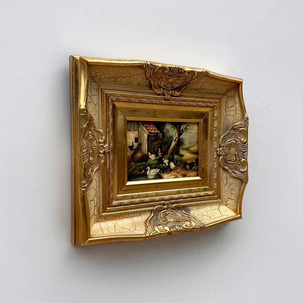 Original Vintage European Rural Poultry Oil Painting from the 1950s, Ornate Baroque Gilded Crackle Finish Frame Included - Vintage Oil Painting - Arden Gallery