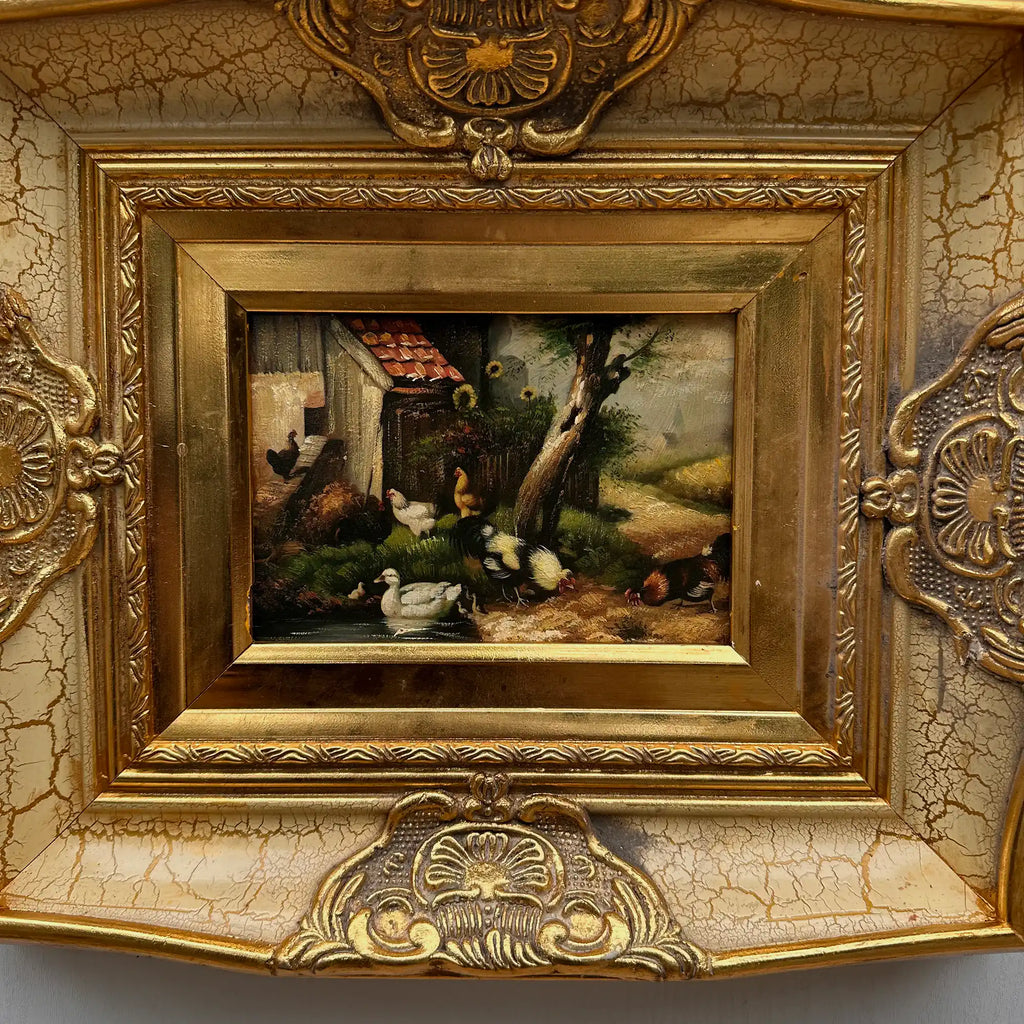 Original Vintage European Rural Poultry Oil Painting from the 1950s, Ornate Baroque Gilded Crackle Finish Frame Included - Vintage Oil Painting - Arden Gallery