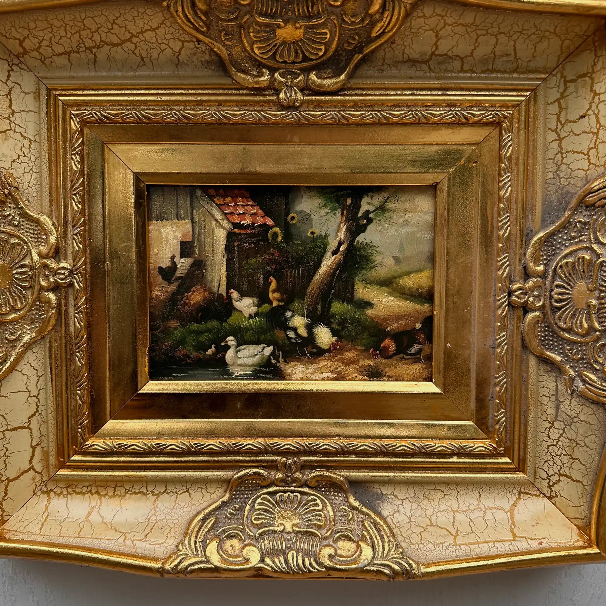Original Vintage European Rural Poultry Oil Painting from the 1950s, Ornate Baroque Gilded Crackle Finish Frame Included - Vintage Oil Painting - Arden Gallery