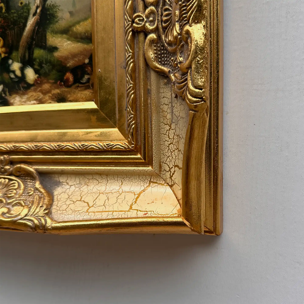 Original Vintage European Rural Poultry Oil Painting from the 1950s, Ornate Baroque Gilded Crackle Finish Frame Included - Vintage Oil Painting - Arden Gallery