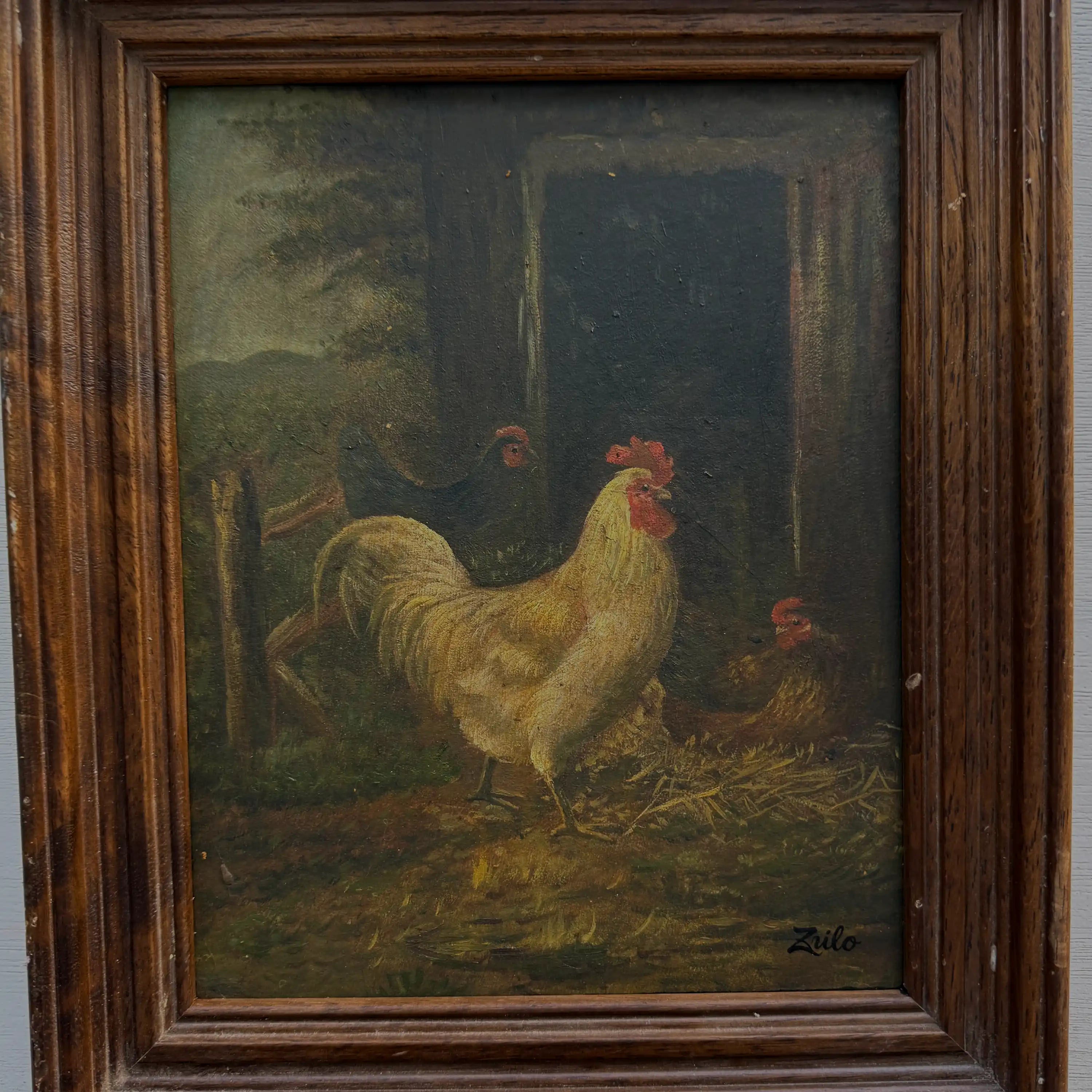 Original Vintage Farm Rooster Painting, Rustic Chicken Wall Art 10.4 × 12.4 in - Vintage Oil Painting - Arden Gallery