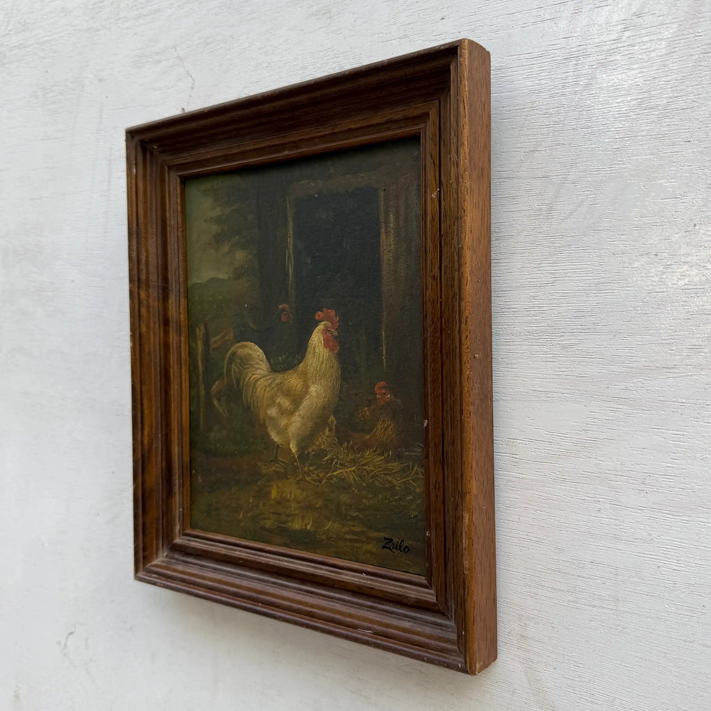 Original Vintage Farm Rooster Painting, Rustic Chicken Wall Art 10.4 × 12.4 in - Vintage Oil Painting - Arden Gallery