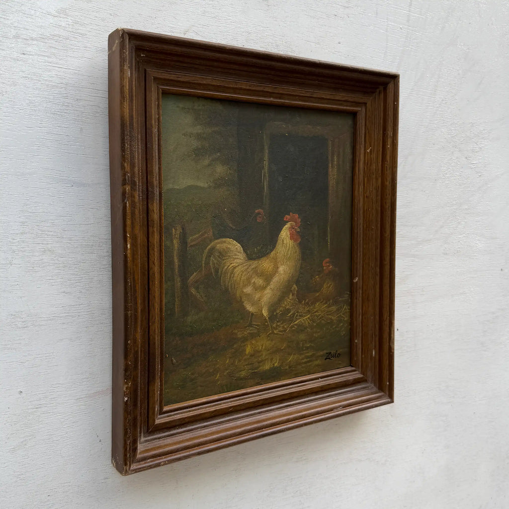 Original Vintage Farm Rooster Painting, Rustic Chicken Wall Art 10.4 × 12.4 in - Vintage Oil Painting - Arden Gallery