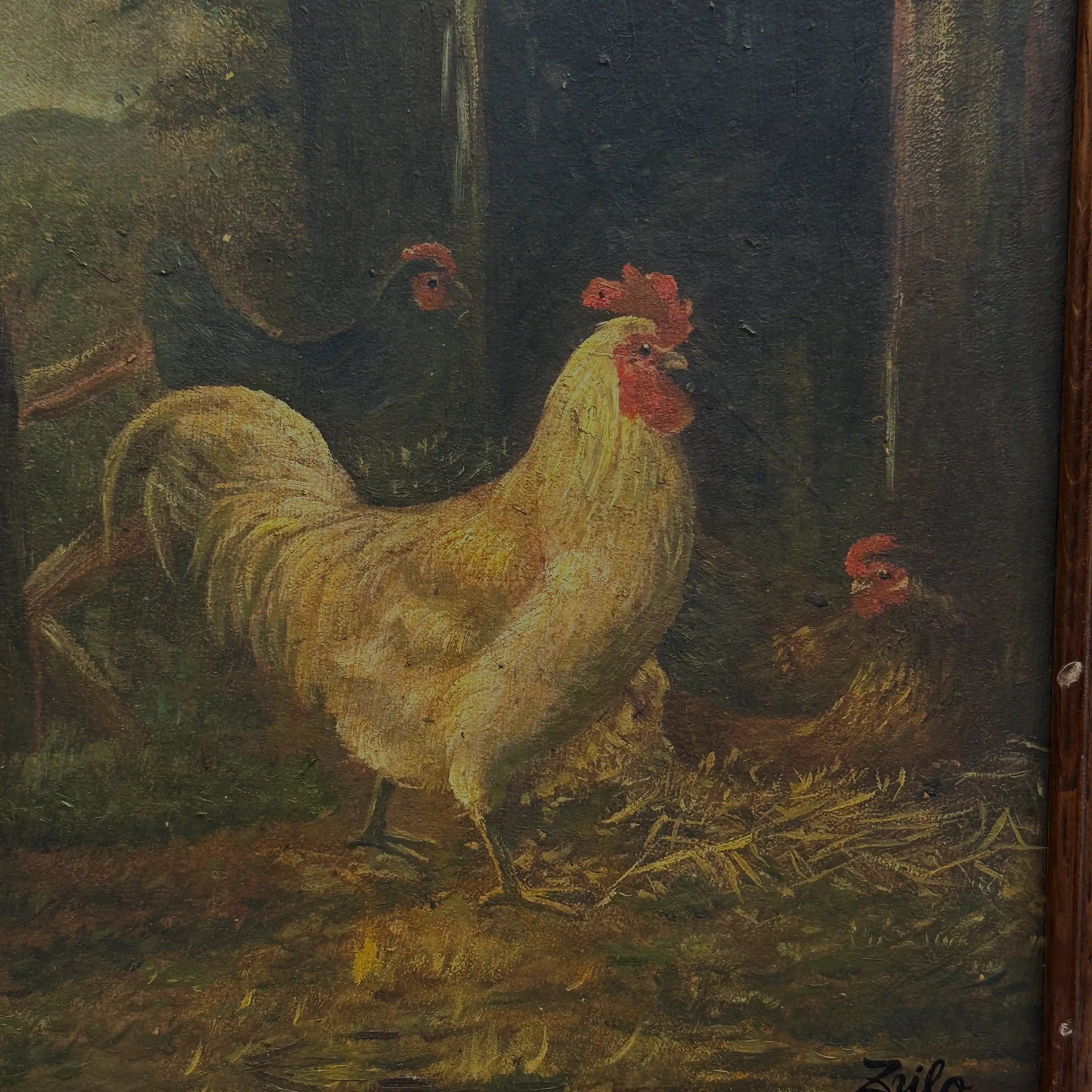 Original Vintage Farm Rooster Painting, Rustic Chicken Wall Art 10.4 × 12.4 in - Vintage Oil Painting - Arden Gallery