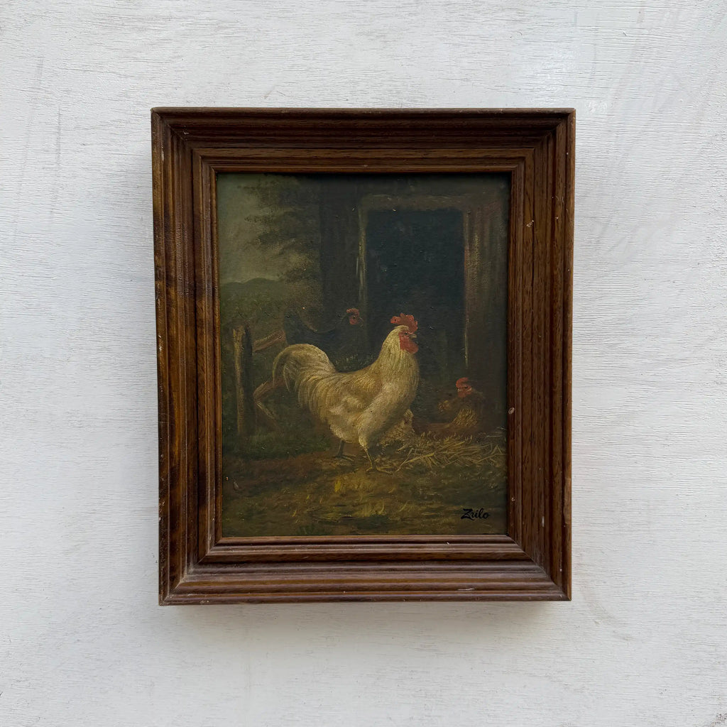 Original Vintage Farm Rooster Painting, Rustic Chicken Wall Art 10.4 × 12.4 in - Vintage Oil Painting - Arden Gallery