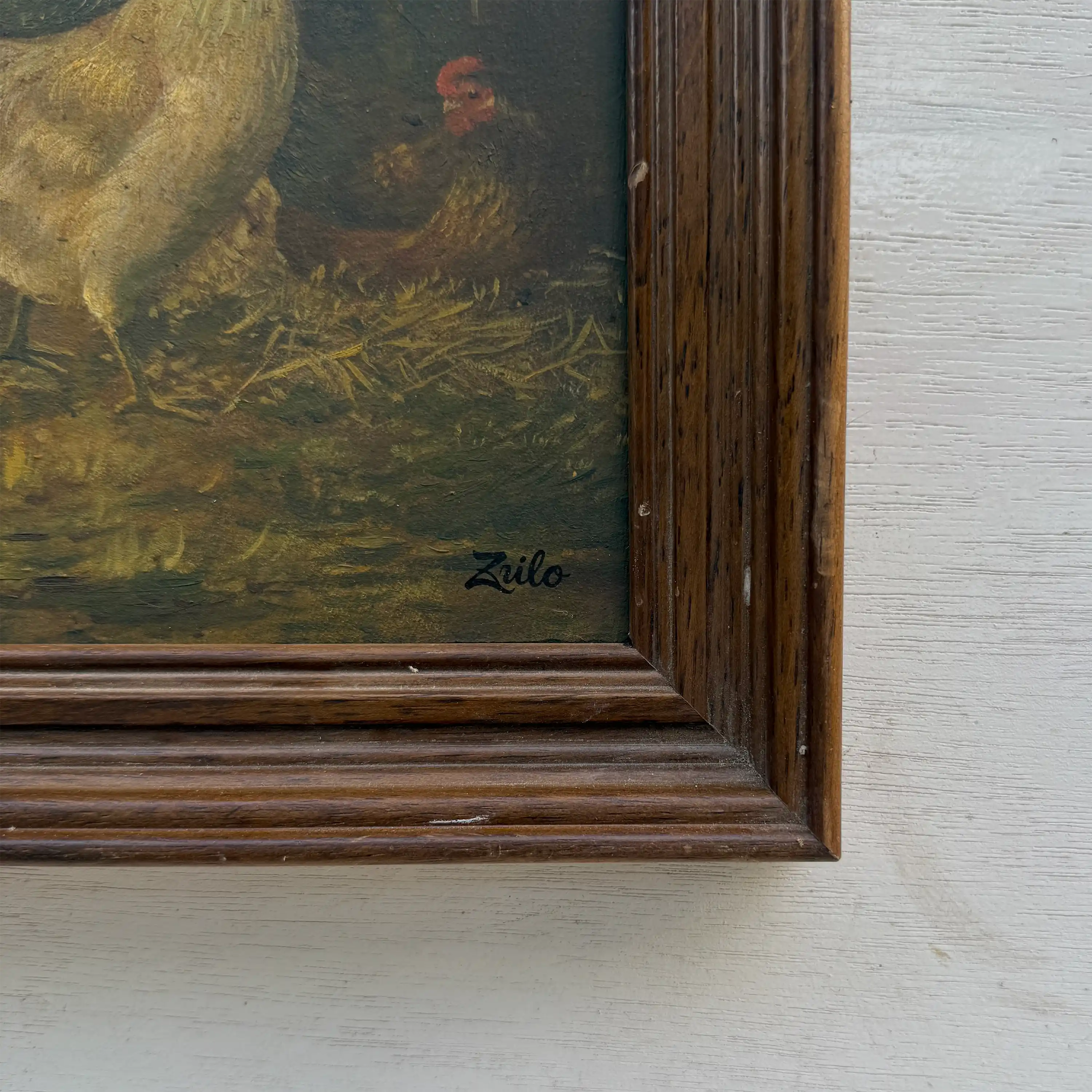 Original Vintage Farm Rooster Painting, Rustic Chicken Wall Art 10.4 × 12.4 in - Vintage Oil Painting - Arden Gallery
