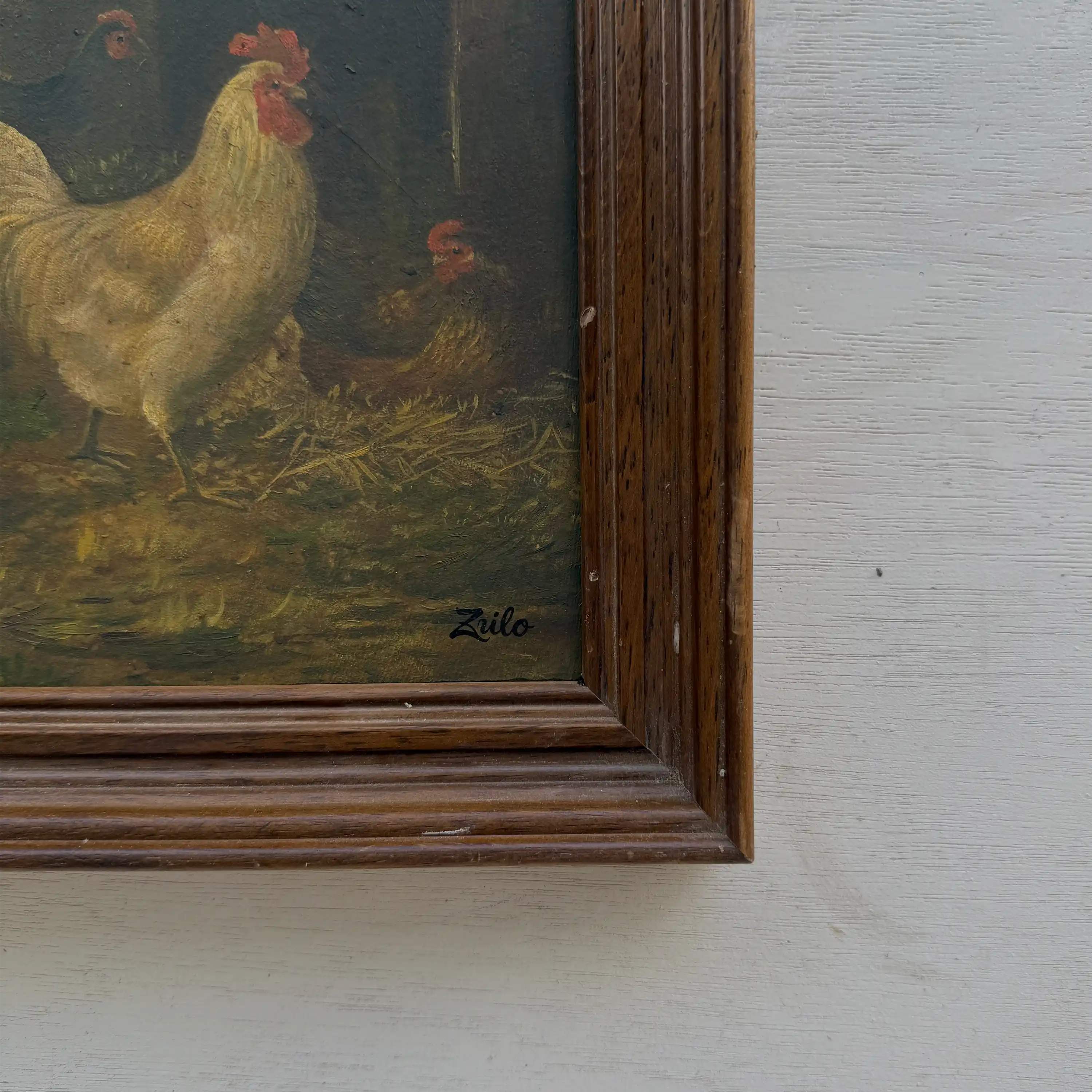 Original Vintage Farm Rooster Painting, Rustic Chicken Wall Art 10.4 × 12.4 in - Vintage Oil Painting - Arden Gallery