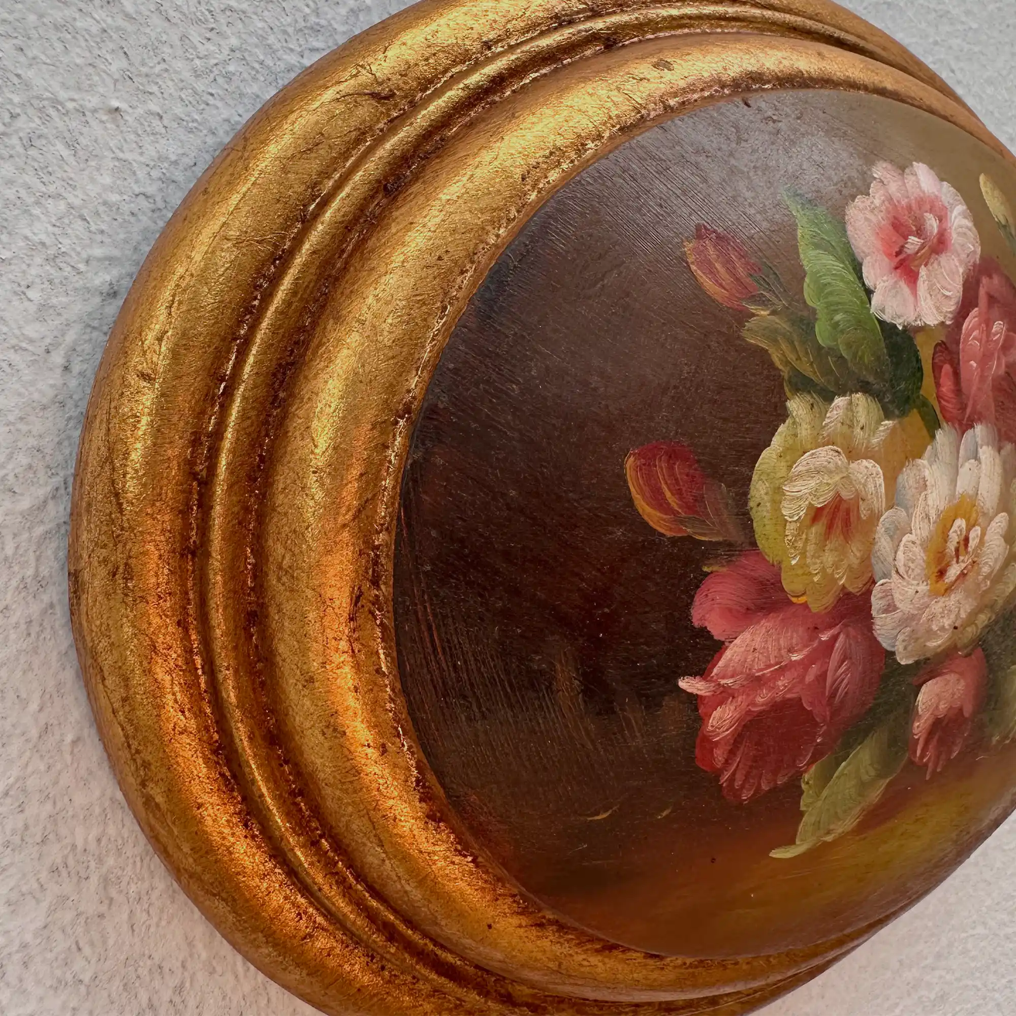 Original Vintage Floral Still Life Painting, Romantic Oval Flower Decor 22 x 17 cm - Vintage Oil Painting - Arden Gallery