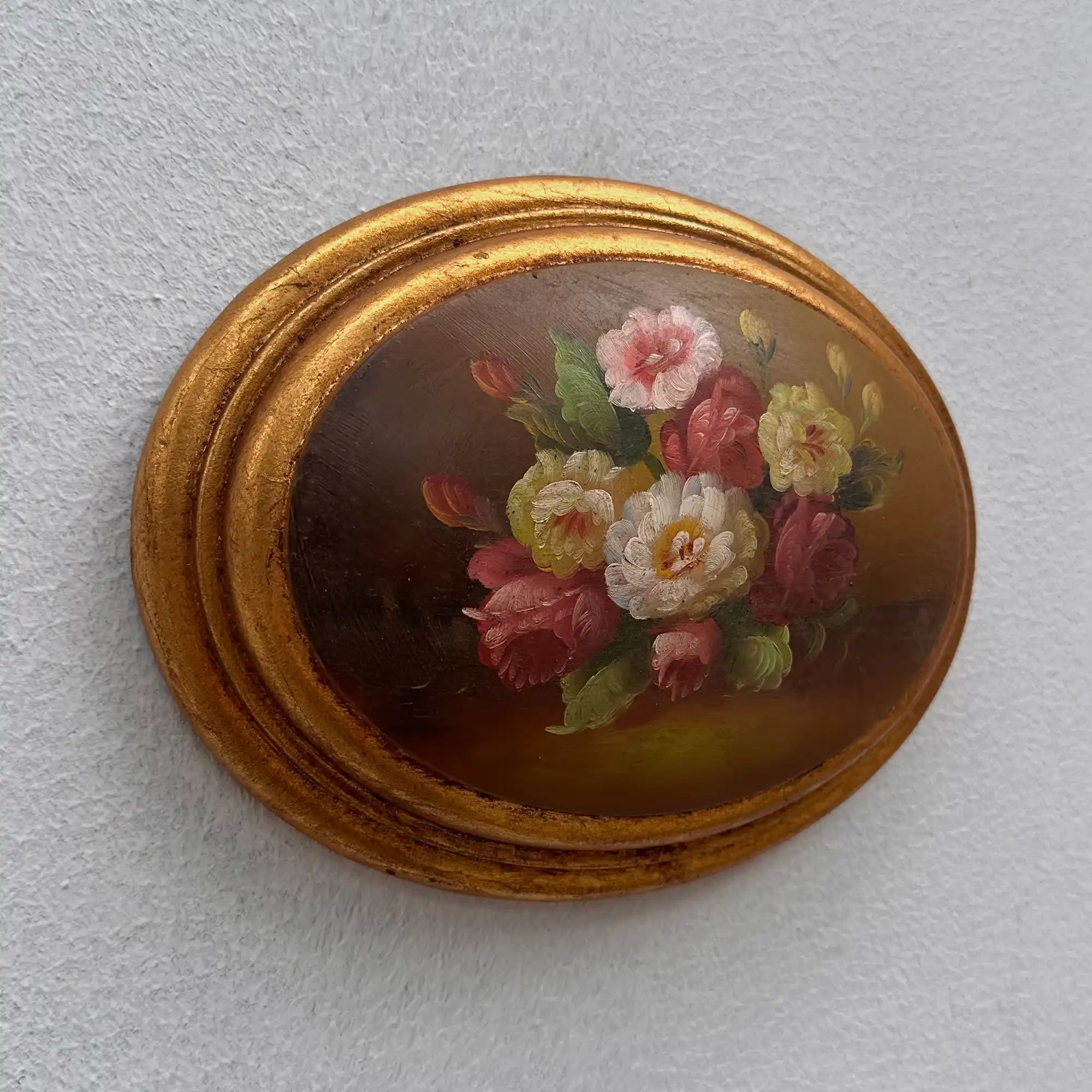 Original Vintage Floral Still Life Painting, Romantic Oval Flower Decor 22 x 17 cm - Vintage Oil Painting - Arden Gallery