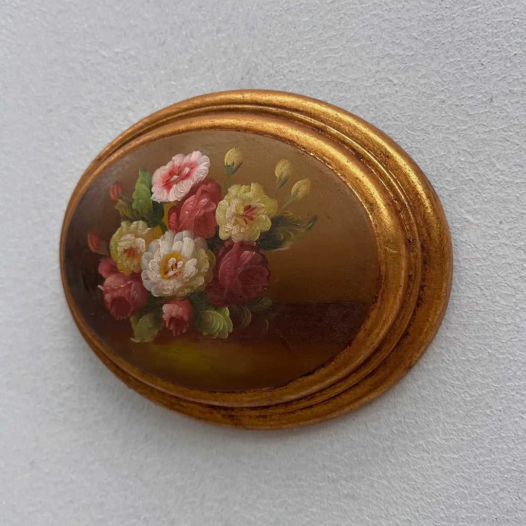 Original Vintage Floral Still Life Painting, Romantic Oval Flower Decor 22 x 17 cm - Vintage Oil Painting - Arden Gallery