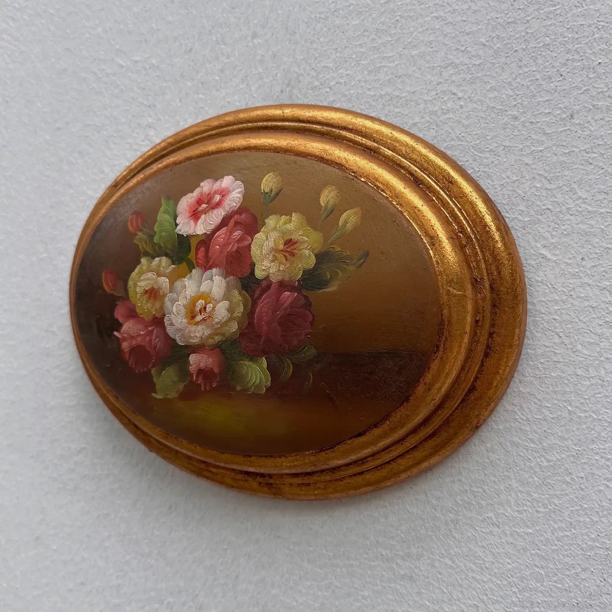 Original Vintage Floral Still Life Painting, Romantic Oval Flower Decor 22 x 17 cm - Vintage Oil Painting - Arden Gallery