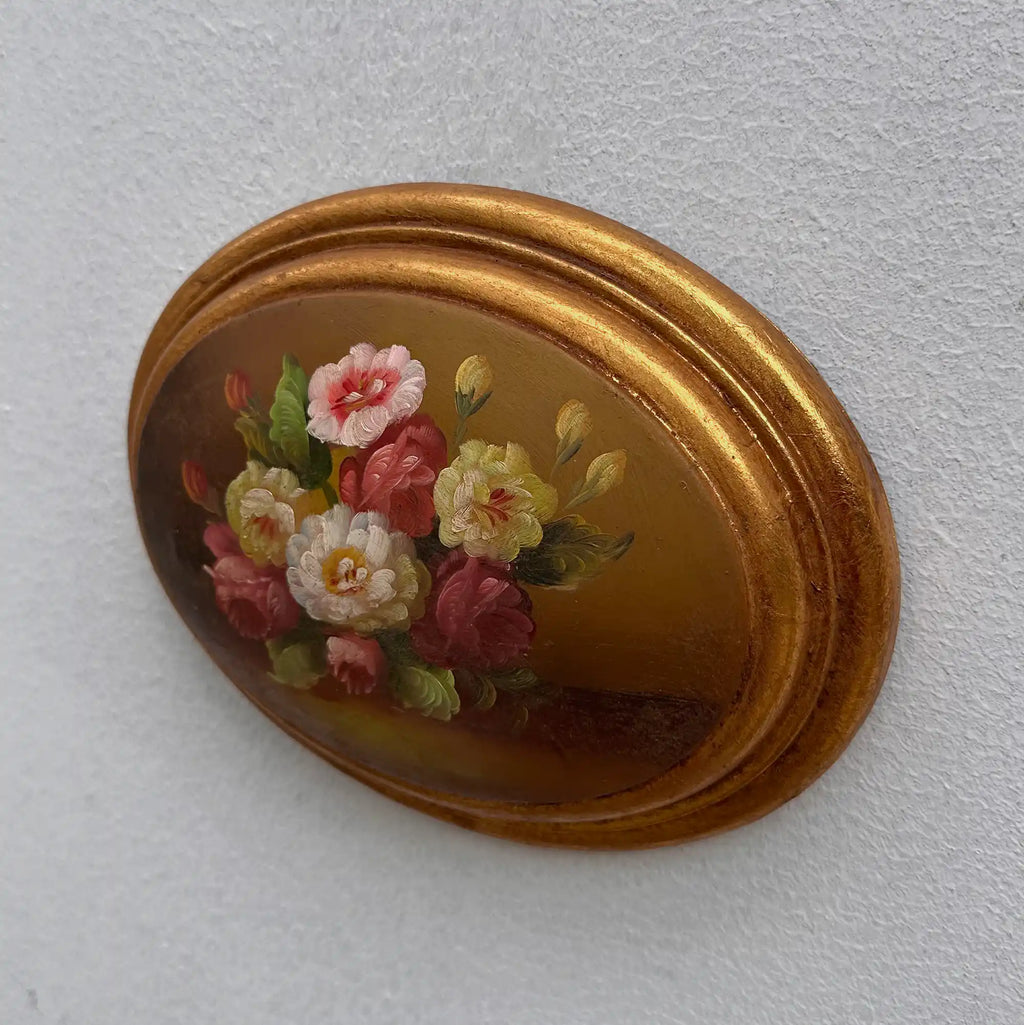 Original Vintage Floral Still Life Painting, Romantic Oval Flower Decor 22 x 17 cm - Vintage Oil Painting - Arden Gallery