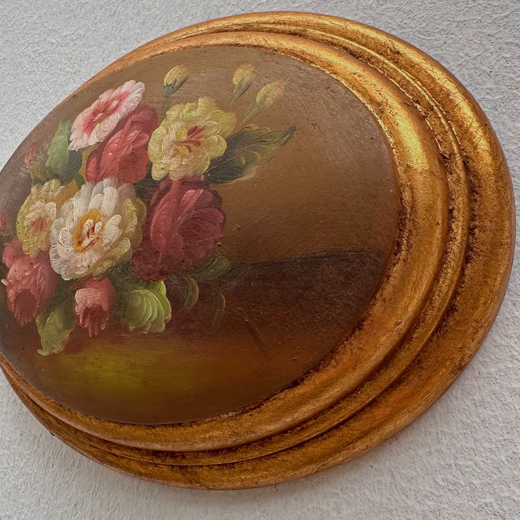 Original Vintage Floral Still Life Painting, Romantic Oval Flower Decor 22 x 17 cm - Vintage Oil Painting - Arden Gallery