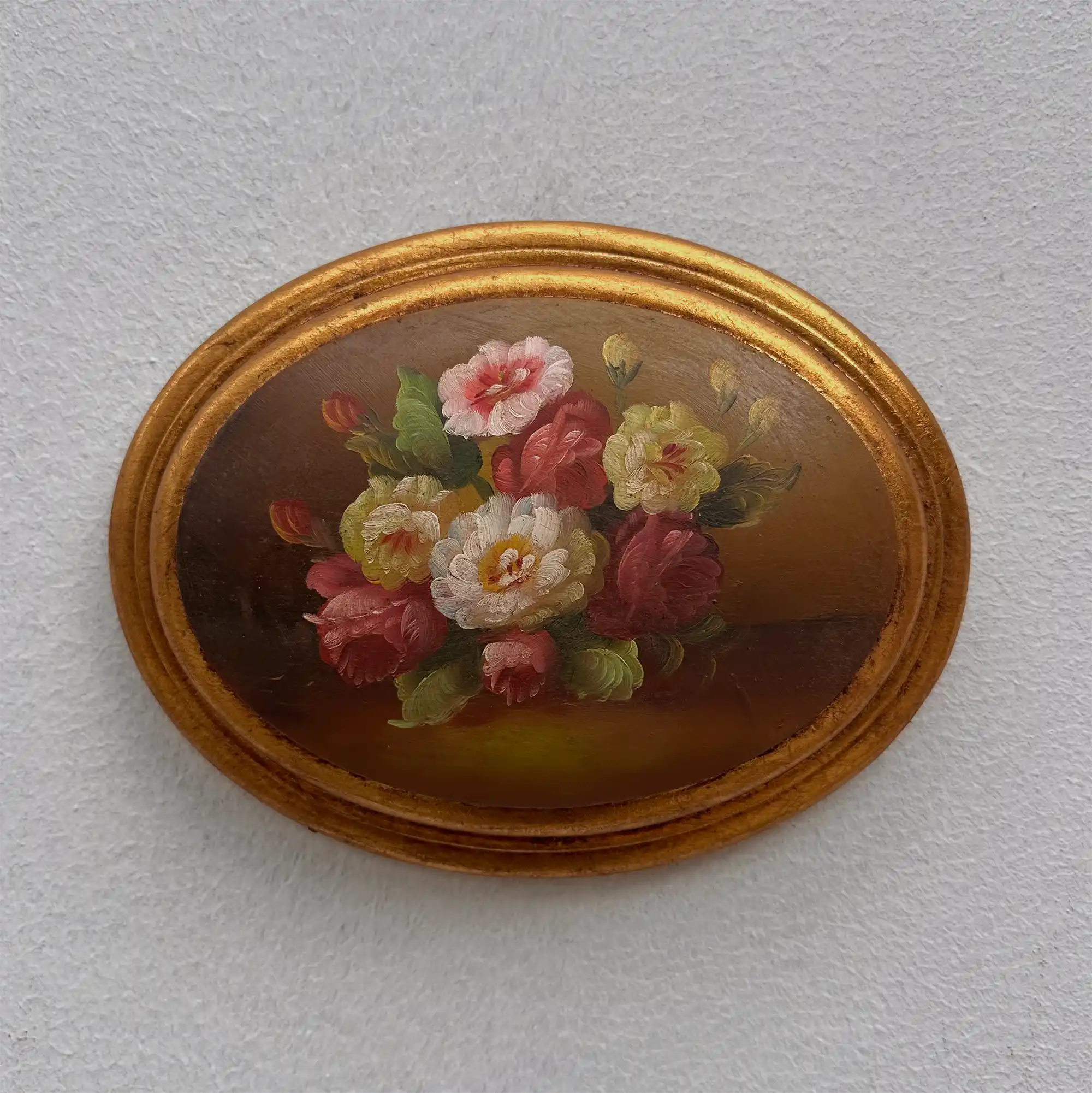 Original Vintage Floral Still Life Painting, Romantic Oval Flower Decor 22 x 17 cm - Vintage Oil Painting - Arden Gallery