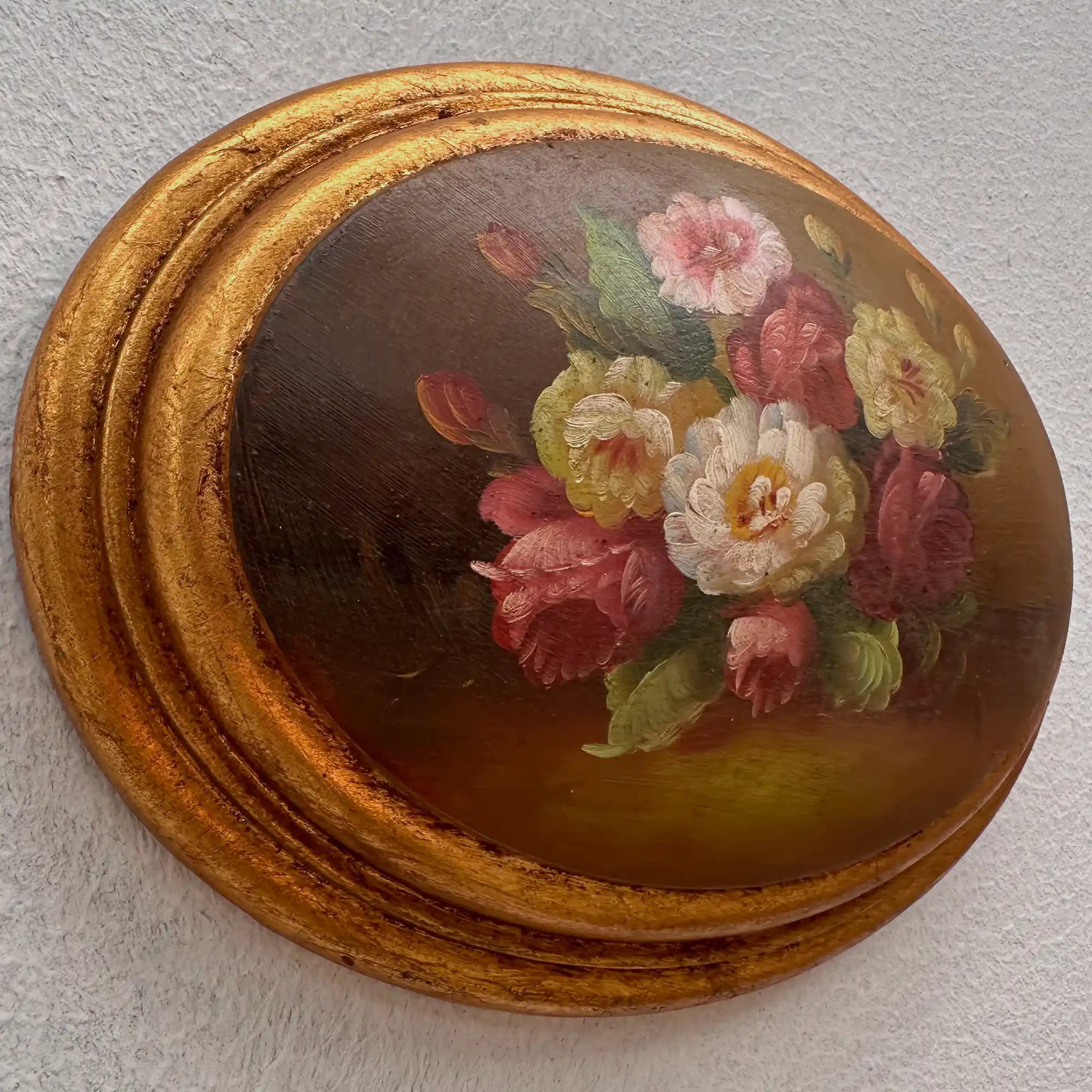 Original Vintage Floral Still Life Painting, Romantic Oval Flower Decor 22 x 17 cm - Vintage Oil Painting - Arden Gallery
