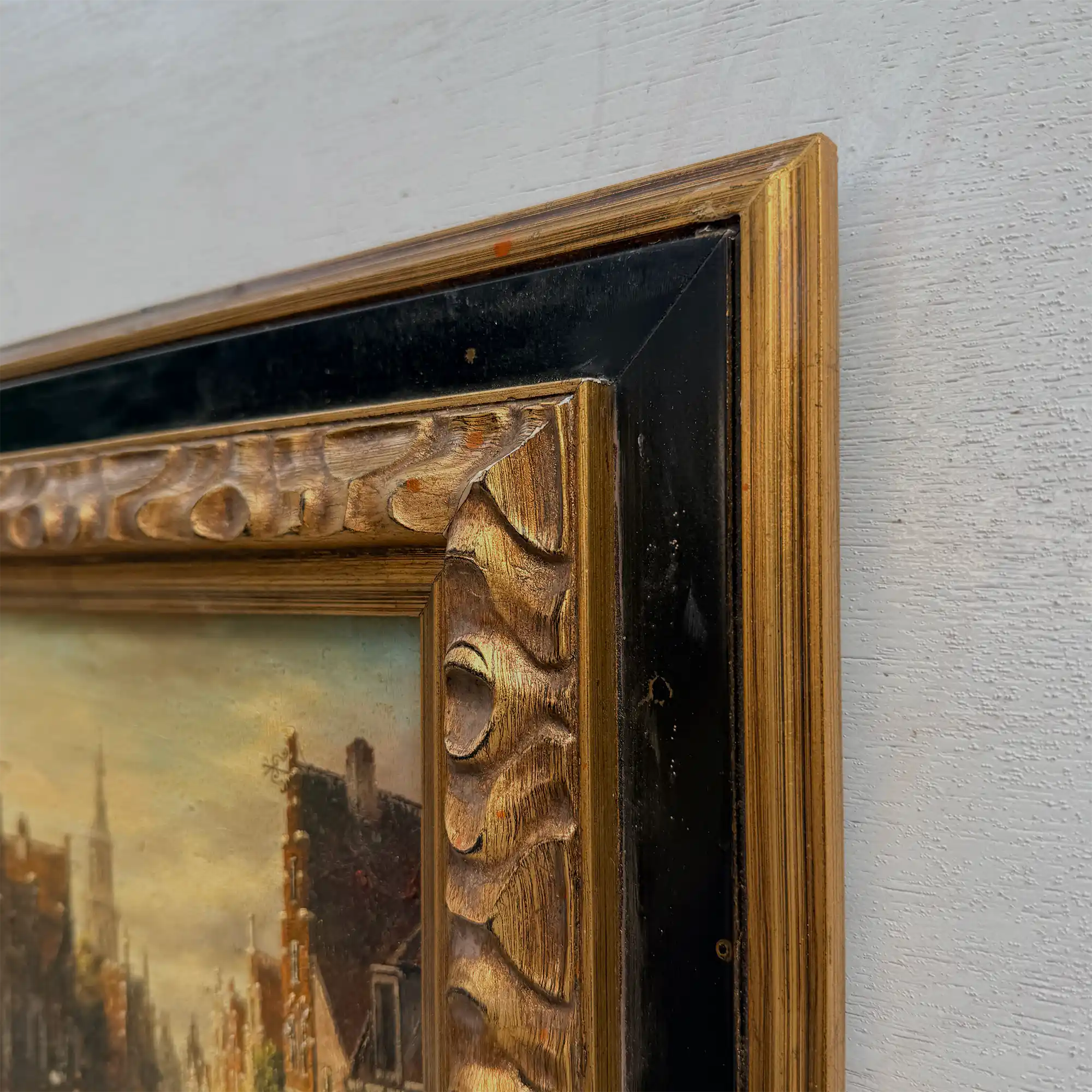 Original Vintage Oil Painting, Classical European Town Street Scene, Dutch-Style Vintage Architecture Artwork - Vintage Oil Painting - Arden Gallery