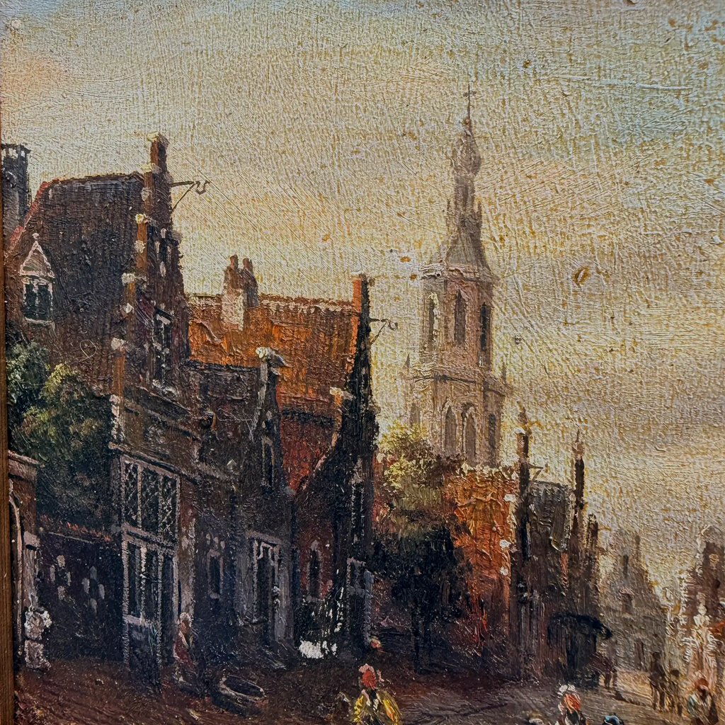 Original Vintage Oil Painting, Classical European Town Street Scene, Dutch-Style Vintage Architecture Artwork - Vintage Oil Painting - Arden Gallery