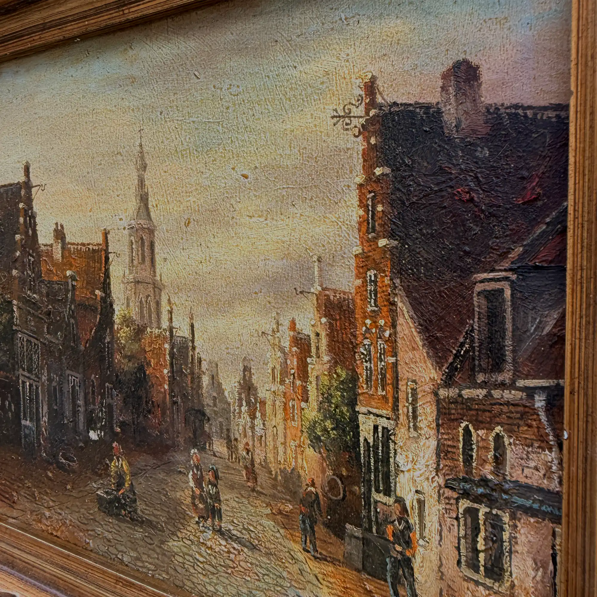 Original Vintage Oil Painting, Classical European Town Street Scene, Dutch-Style Vintage Architecture Artwork - Vintage Oil Painting - Arden Gallery