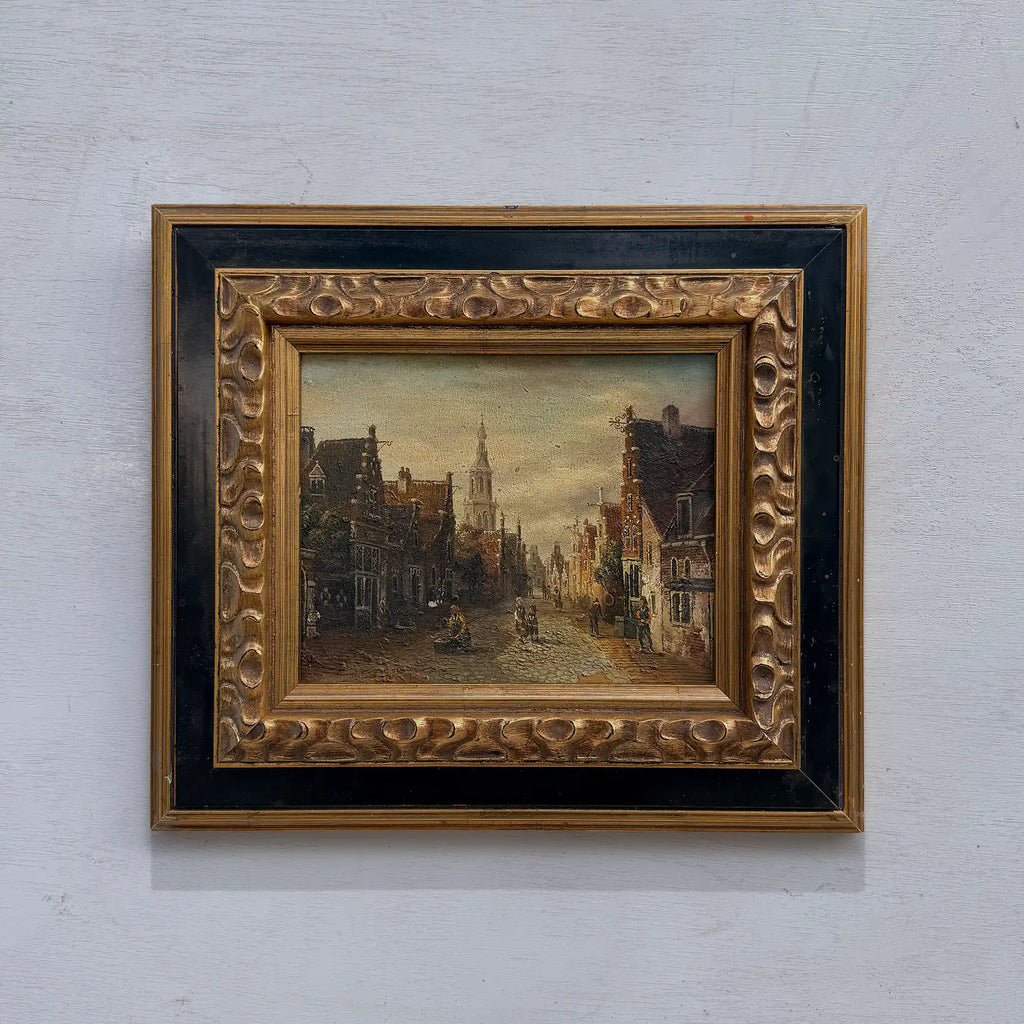 Original Vintage Oil Painting, Classical European Town Street Scene, Dutch-Style Vintage Architecture Artwork - Vintage Oil Painting - Arden Gallery