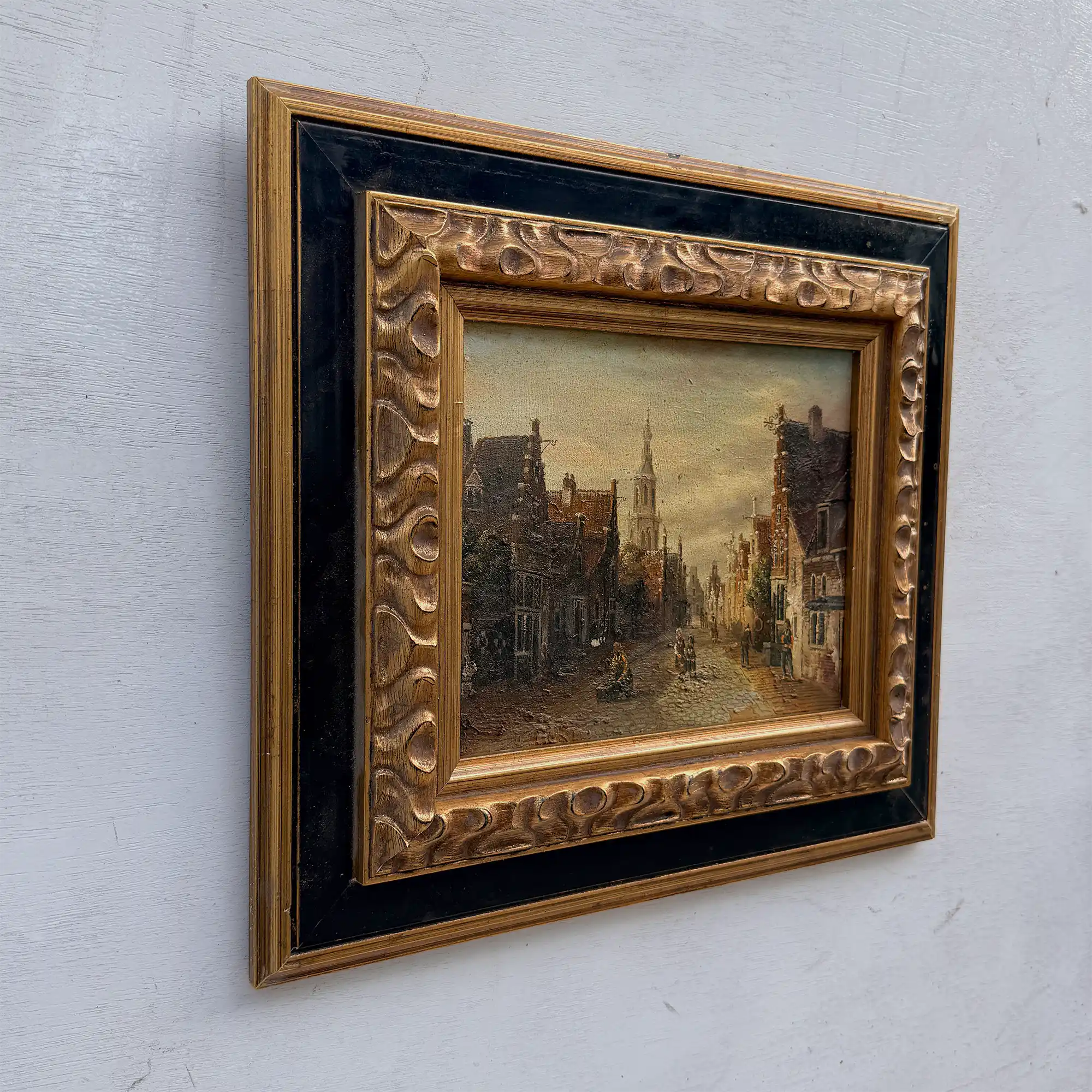 Original Vintage Oil Painting, Classical European Town Street Scene, Dutch-Style Vintage Architecture Artwork - Vintage Oil Painting - Arden Gallery