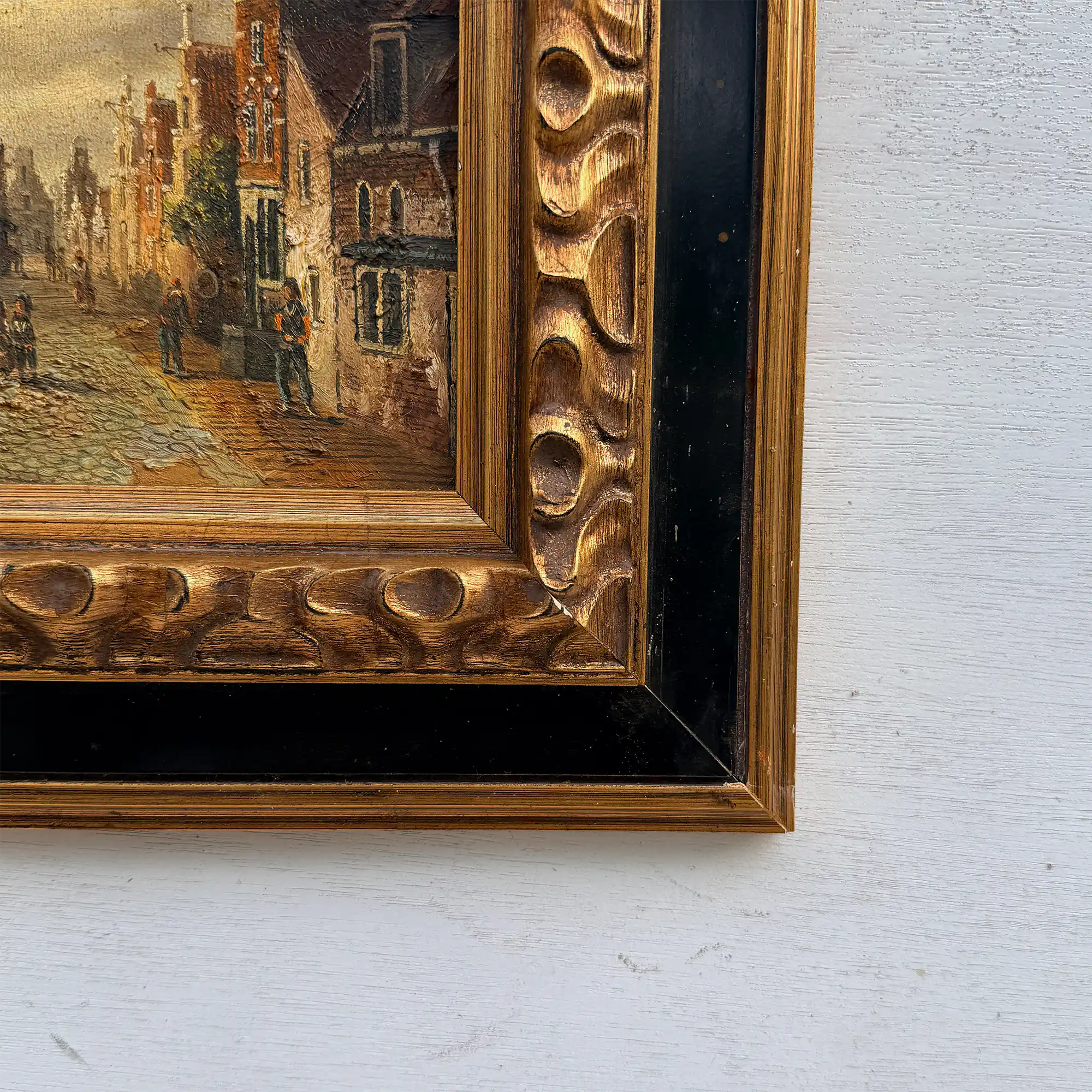 Original Vintage Oil Painting, Classical European Town Street Scene, Dutch-Style Vintage Architecture Artwork - Vintage Oil Painting - Arden Gallery