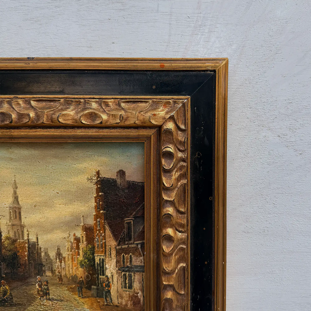 Original Vintage Oil Painting, Classical European Town Street Scene, Dutch-Style Vintage Architecture Artwork - Vintage Oil Painting - Arden Gallery
