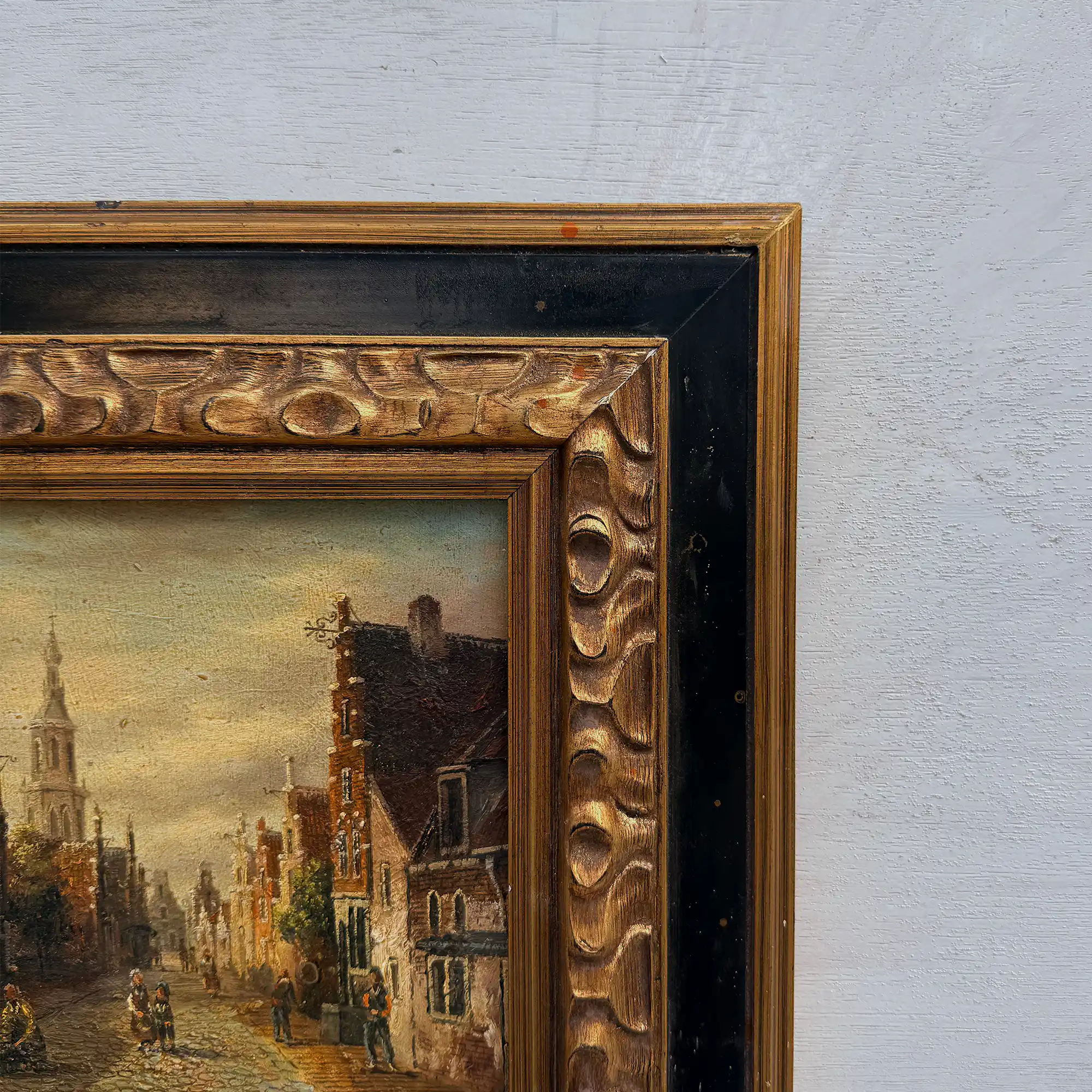 Original Vintage Oil Painting, Classical European Town Street Scene, Dutch-Style Vintage Architecture Artwork - Vintage Oil Painting - Arden Gallery