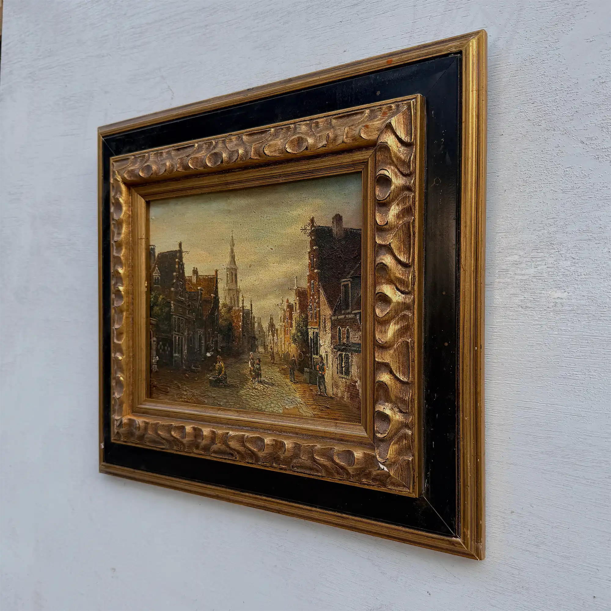 Original Vintage Oil Painting, Classical European Town Street Scene, Dutch-Style Vintage Architecture Artwork - Vintage Oil Painting - Arden Gallery