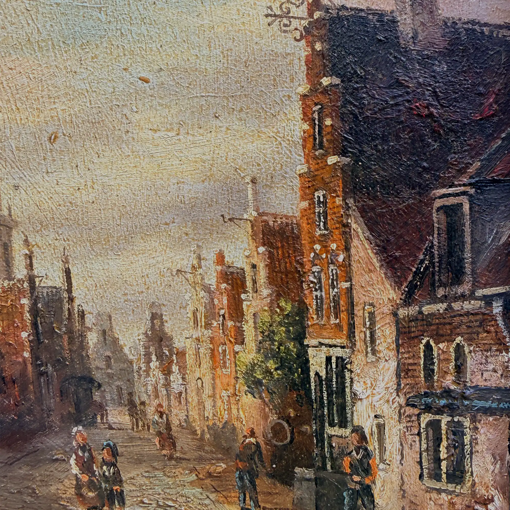 Original Vintage Oil Painting, Classical European Town Street Scene, Dutch-Style Vintage Architecture Artwork - Vintage Oil Painting - Arden Gallery