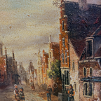 Original Vintage Oil Painting, Classical European Town Street Scene, Dutch-Style Vintage Architecture Artwork - Vintage Oil Painting - Arden Gallery