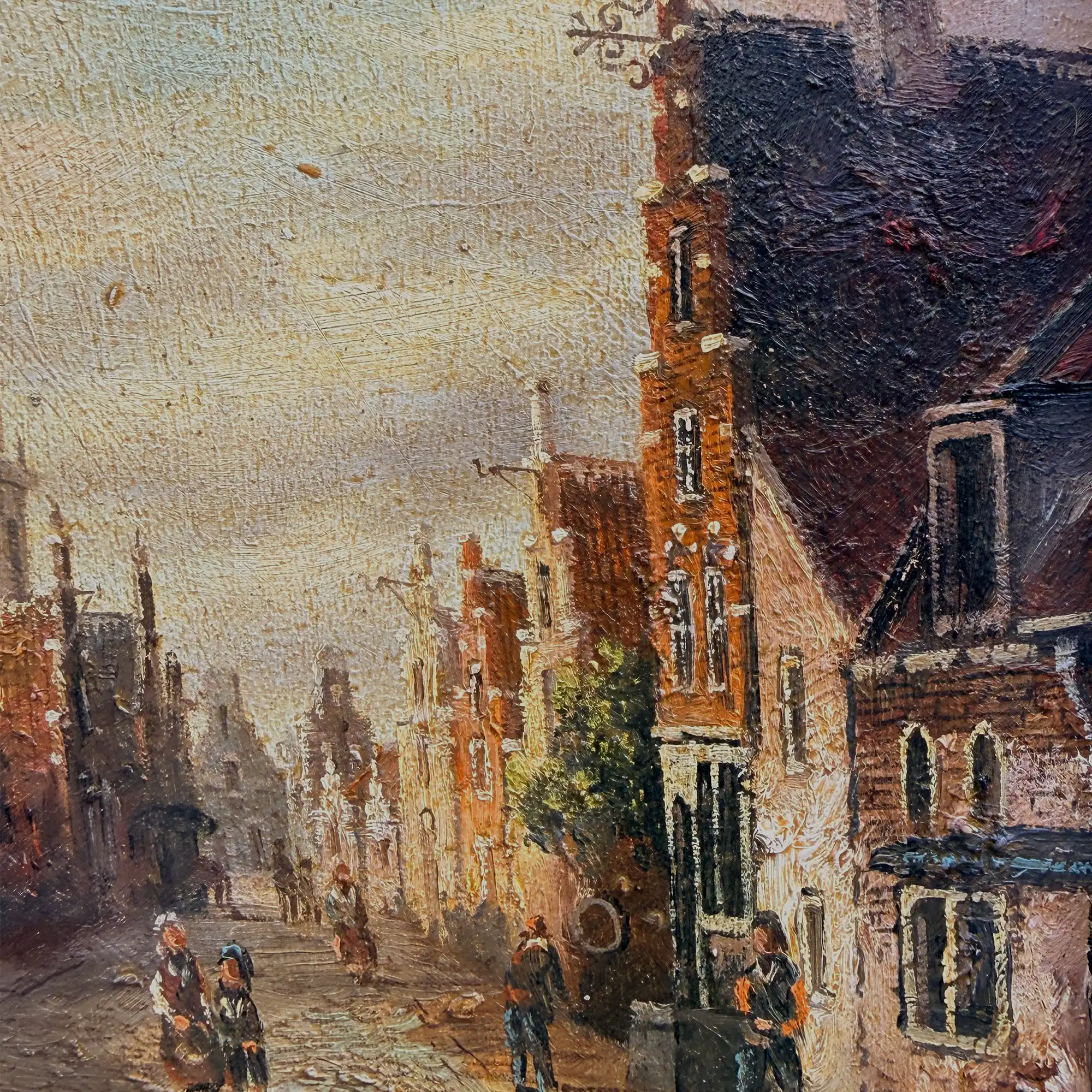 Original Vintage Oil Painting, Classical European Town Street Scene, Dutch-Style Vintage Architecture Artwork - Vintage Oil Painting - Arden Gallery