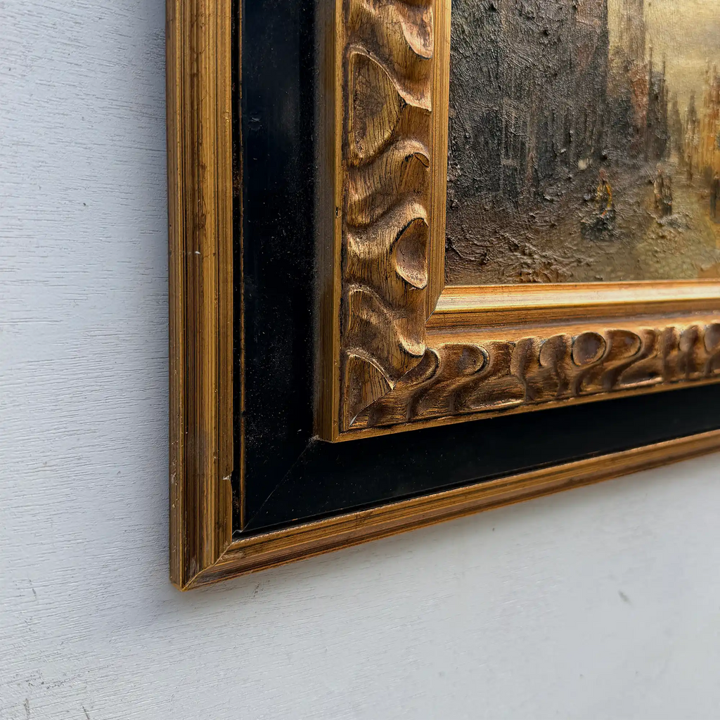 Original Vintage Oil Painting, Classical European Town Street Scene, Dutch-Style Vintage Architecture Artwork - Vintage Oil Painting - Arden Gallery