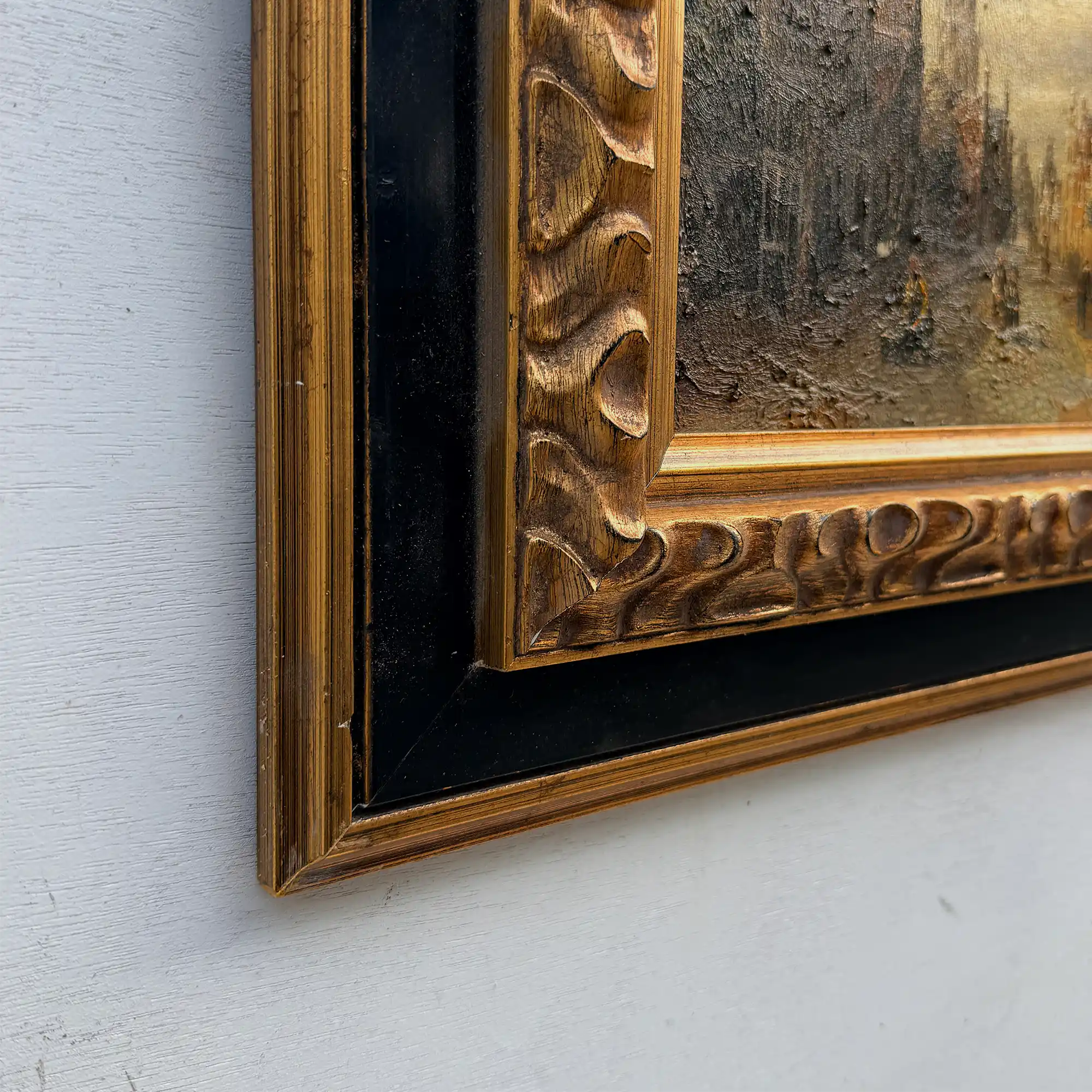 Original Vintage Oil Painting, Classical European Town Street Scene, Dutch-Style Vintage Architecture Artwork - Vintage Oil Painting - Arden Gallery