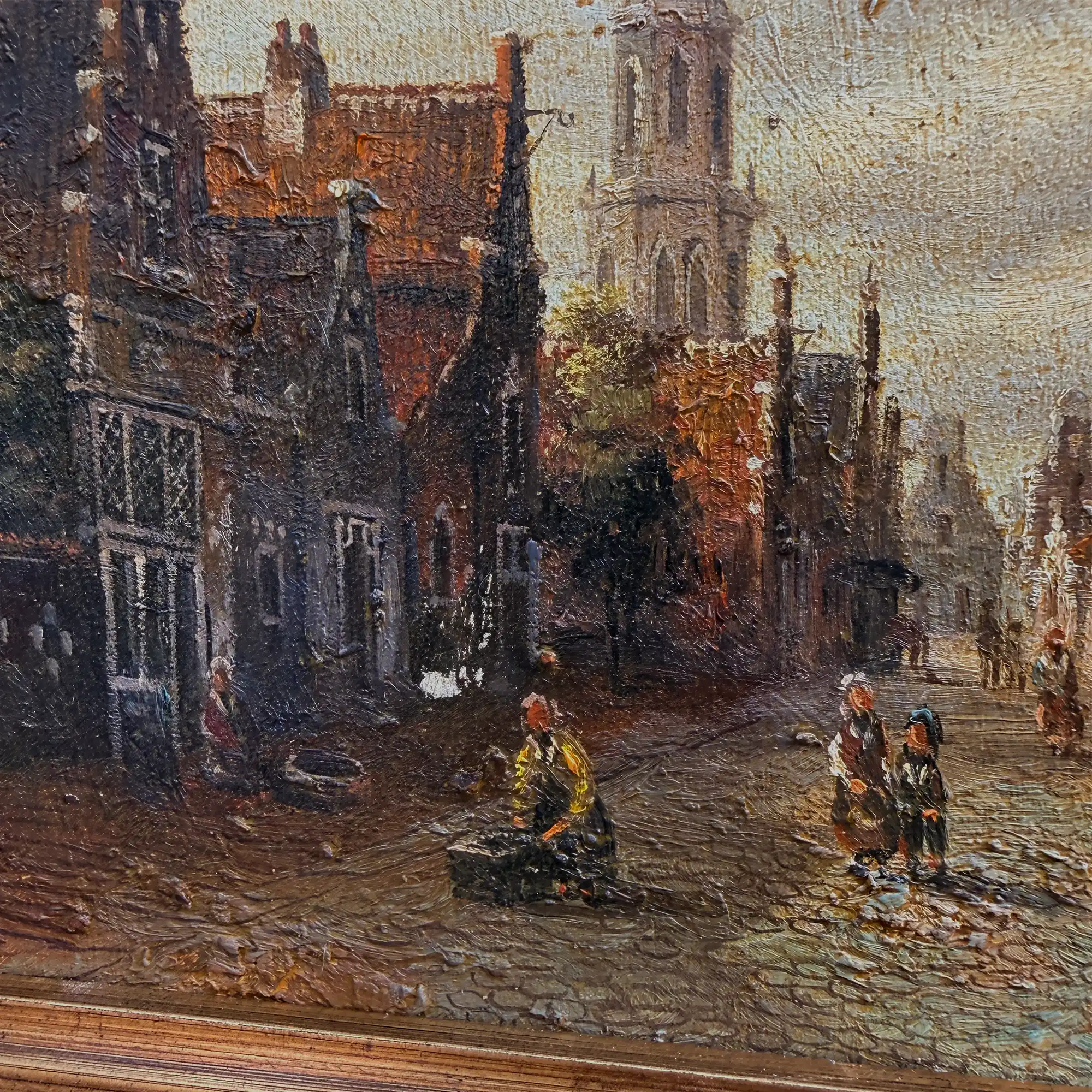 Original Vintage Oil Painting, Classical European Town Street Scene, Dutch-Style Vintage Architecture Artwork - Vintage Oil Painting - Arden Gallery