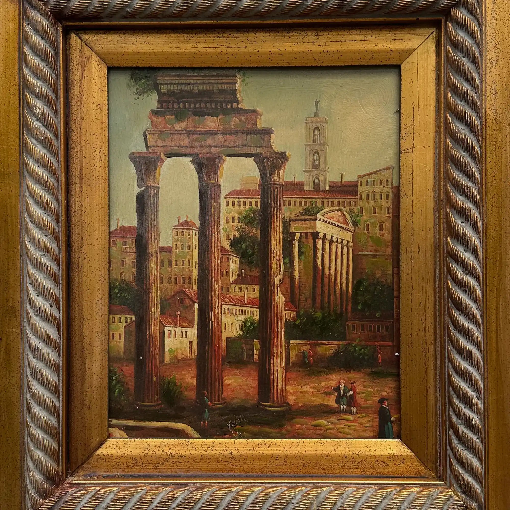 Original Vintage Roman Ruins Oil Painting, Classical European Architecture Art in Gold Frame - Vintage Oil Painting - Arden Gallery