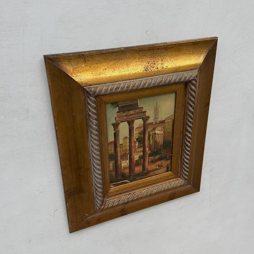Original Vintage Roman Ruins Oil Painting, Classical European Architecture Art in Gold Frame - Vintage Oil Painting - Arden Gallery