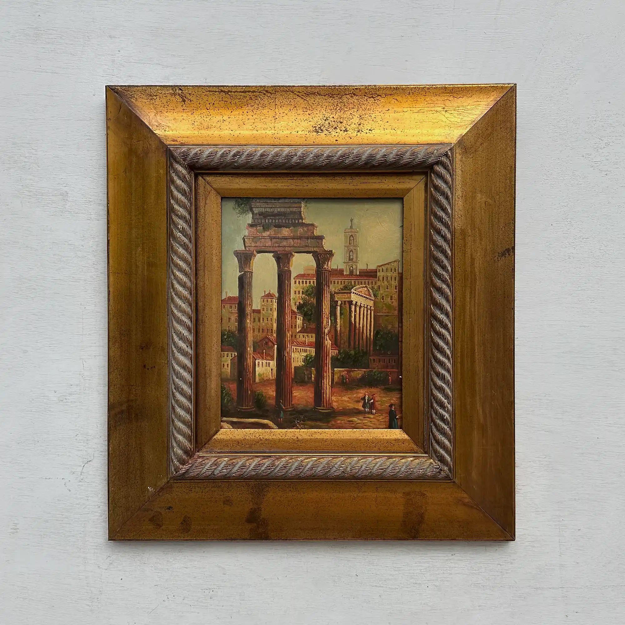 Original Vintage Roman Ruins Oil Painting, Classical European Architecture Art in Gold Frame - Vintage Oil Painting - Arden Gallery
